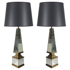 Pair of 1940s Hollywood Regency Mirrored Obelisk Form Table Lamps