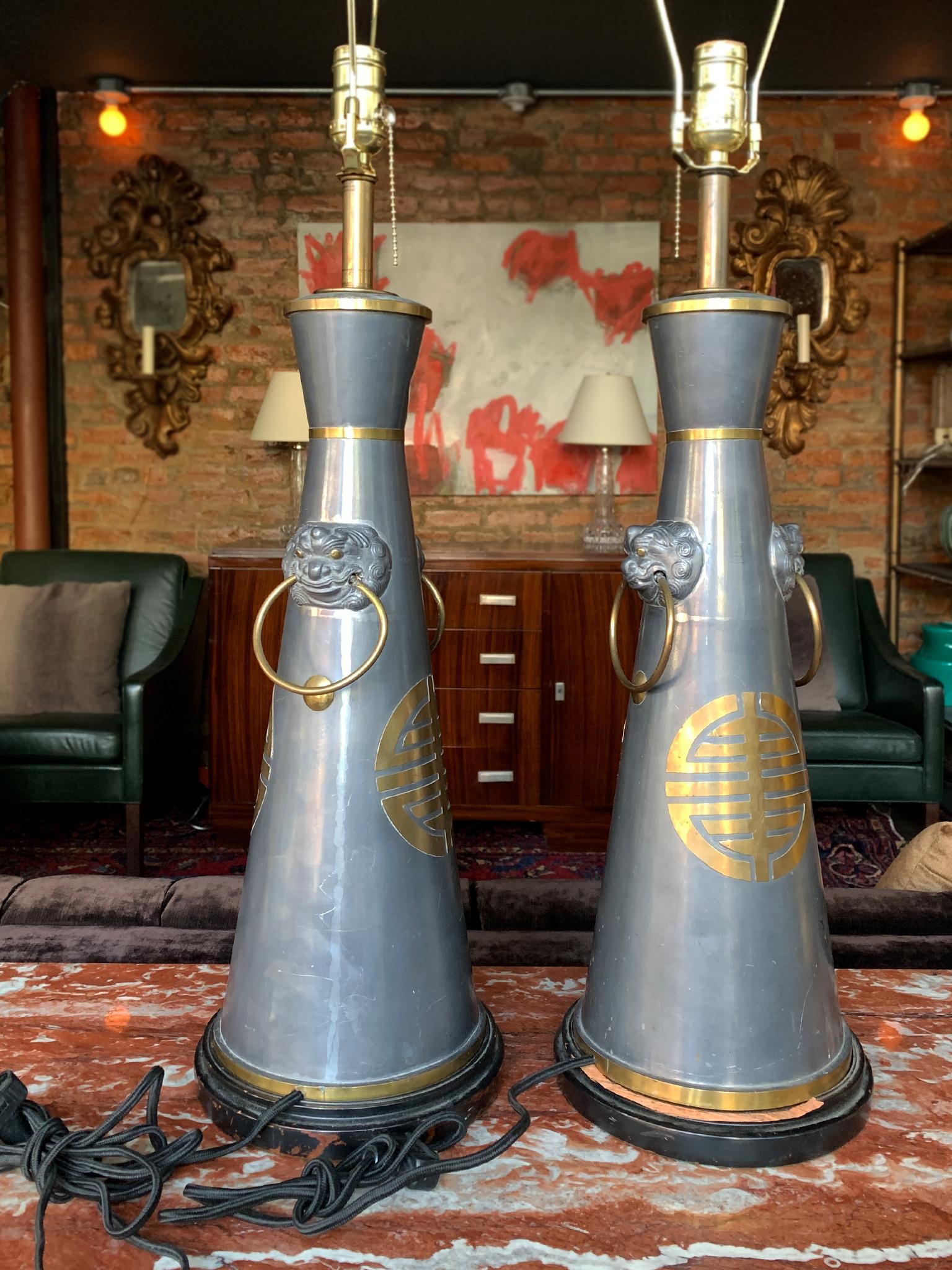 Pair of 1940s Hollywood Regency Style Pewter Table Lamps In Fair Condition In New York, NY