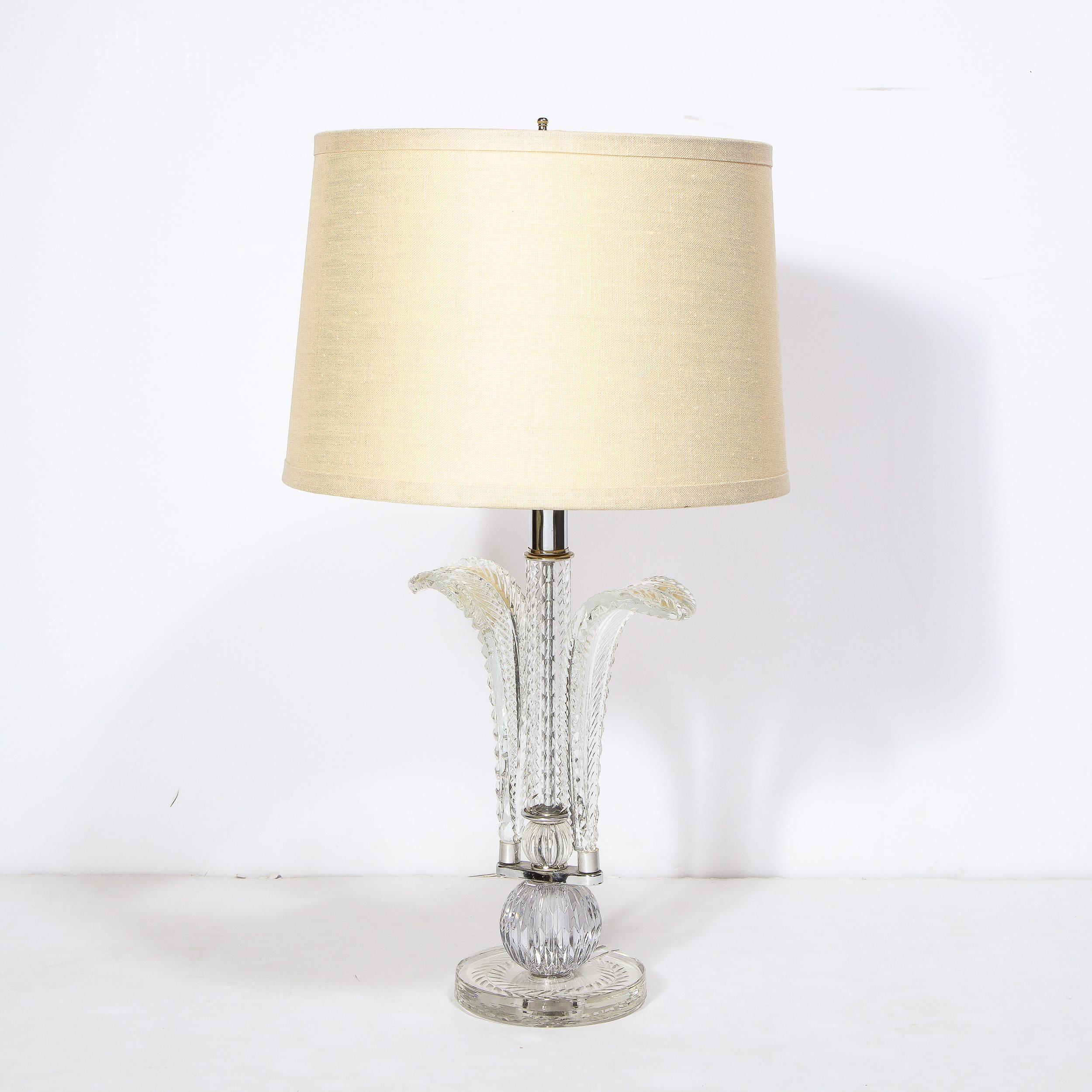 Pair of 1940s Hollywood Regency Translucent Cut Crystal Plume Form Table Lamps In Excellent Condition In New York, NY