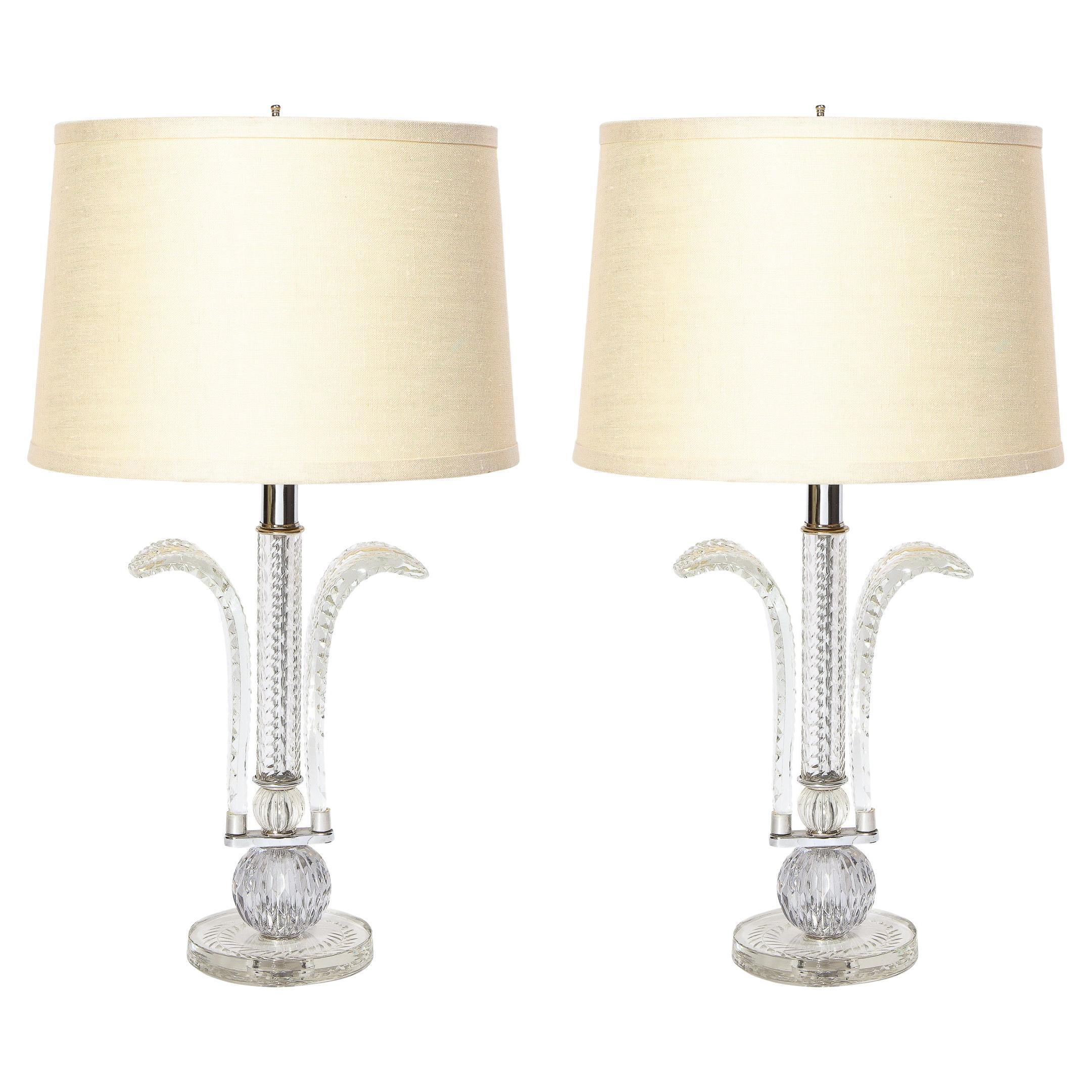 Pair of 1940s Hollywood Regency Translucent Cut Crystal Plume Form Table Lamps