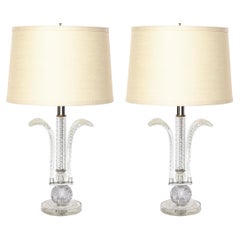 Pair of 1940s Hollywood Regency Translucent Cut Crystal Plume Form Table Lamps