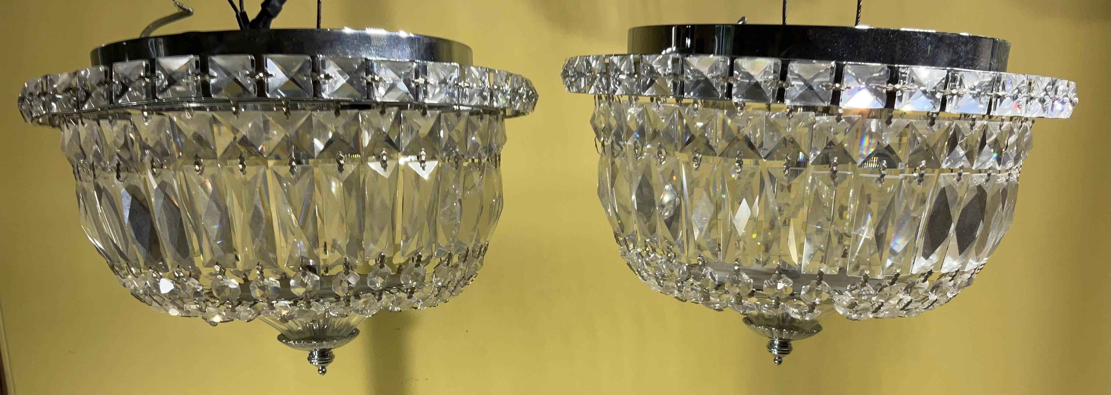 Pair Of 1940's Hollywood Style Crystal Drop-Down Flush Mount Chandelier For Sale 5