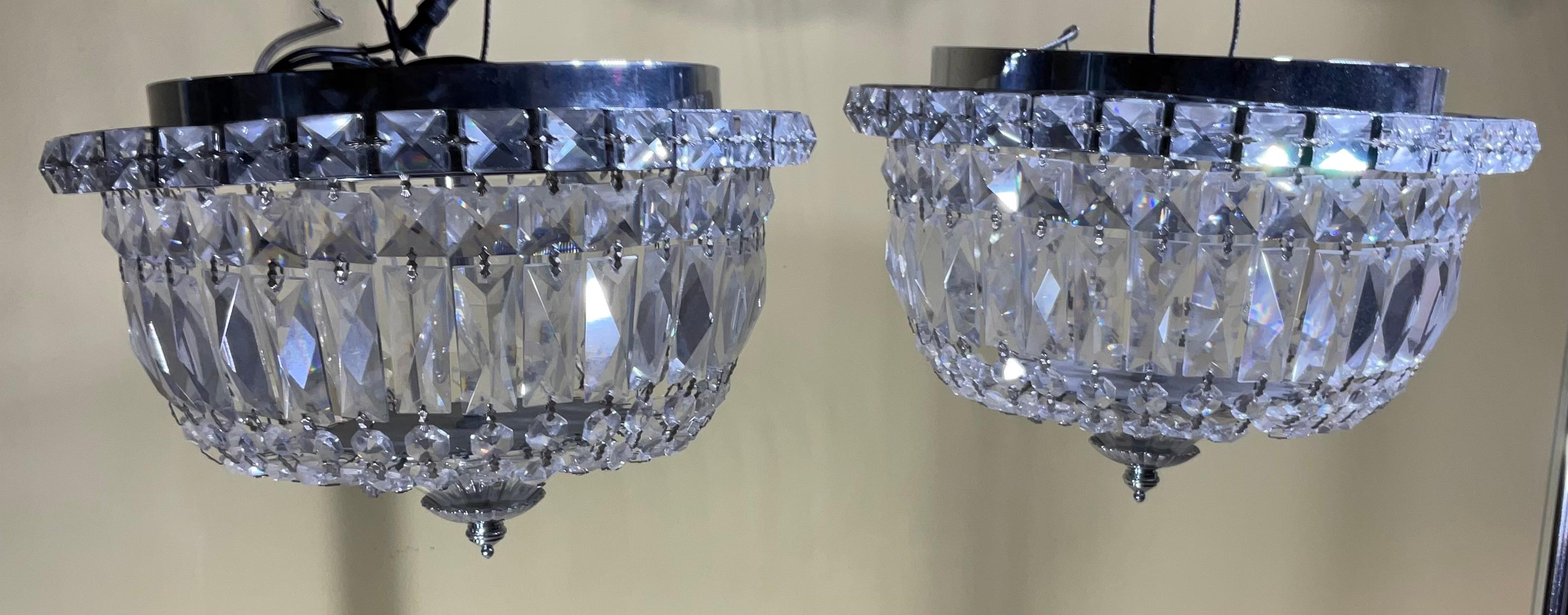 Pair Of 1940's Hollywood Style Crystal Drop-Down Flush Mount Chandelier For Sale 6