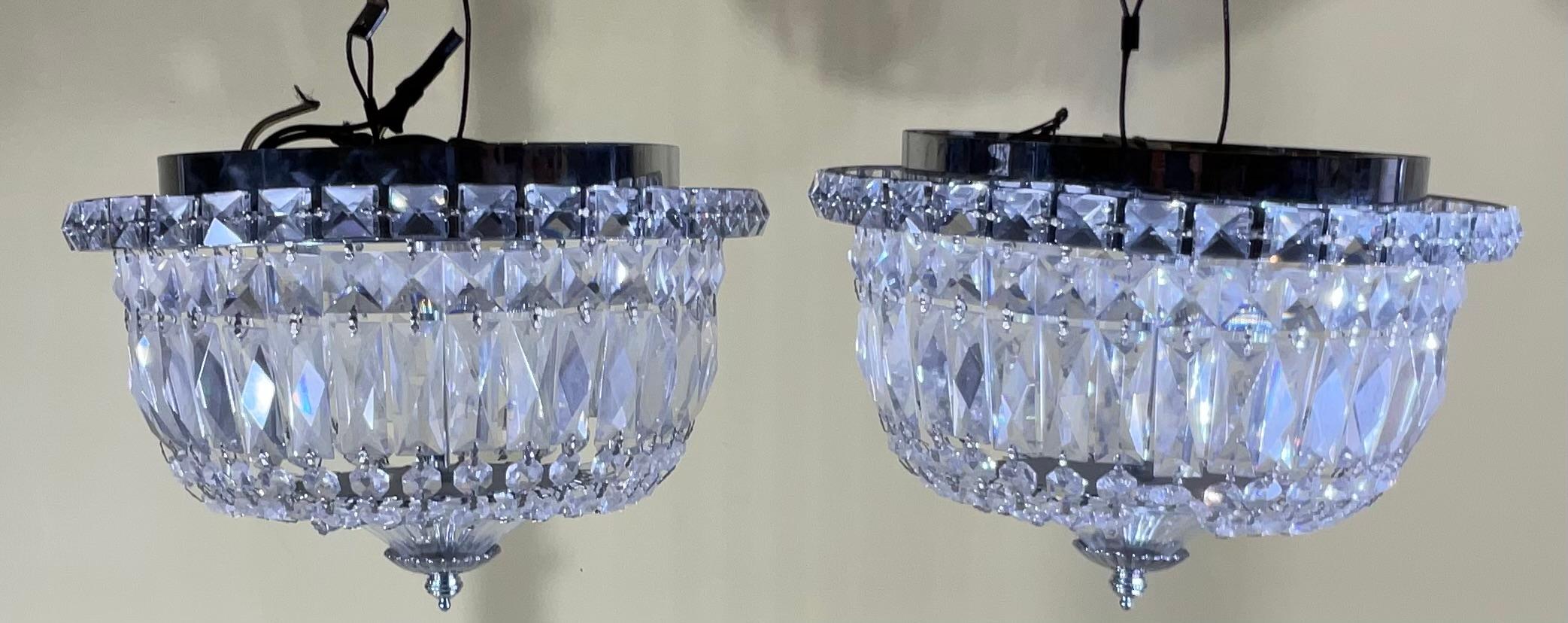 Hollywood Regency Pair Of 1940's Hollywood Style Crystal Drop-Down Flush Mount Chandelier For Sale
