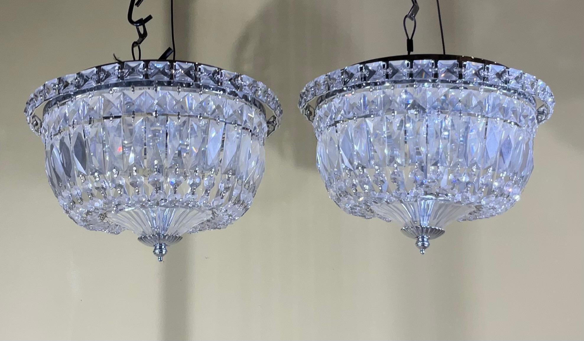 Chinese Pair Of 1940's Hollywood Style Crystal Drop-Down Flush Mount Chandelier For Sale
