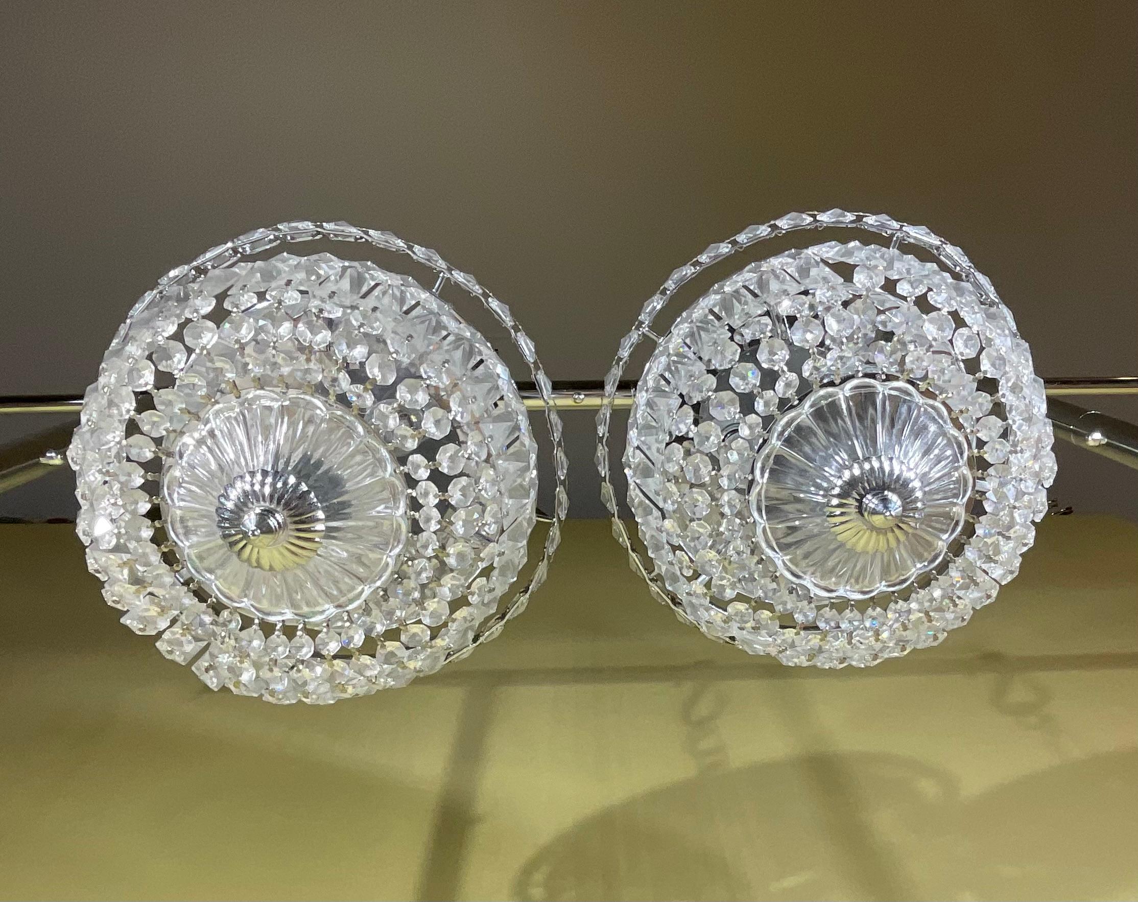 Hand-Crafted Pair Of 1940's Hollywood Style Crystal Drop-Down Flush Mount Chandelier For Sale
