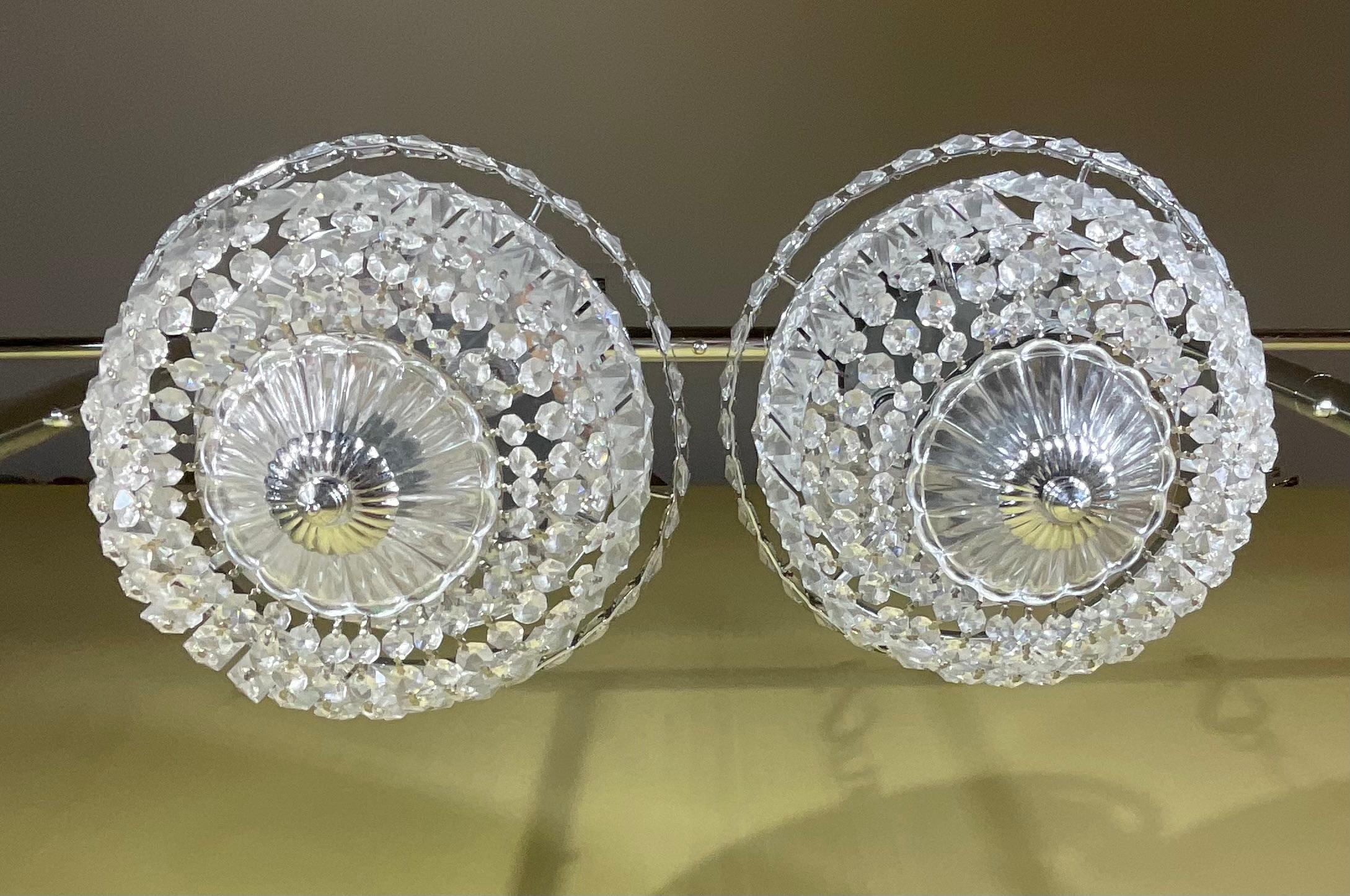 Pair Of 1940's Hollywood Style Crystal Drop-Down Flush Mount Chandelier In Good Condition For Sale In Delray Beach, FL