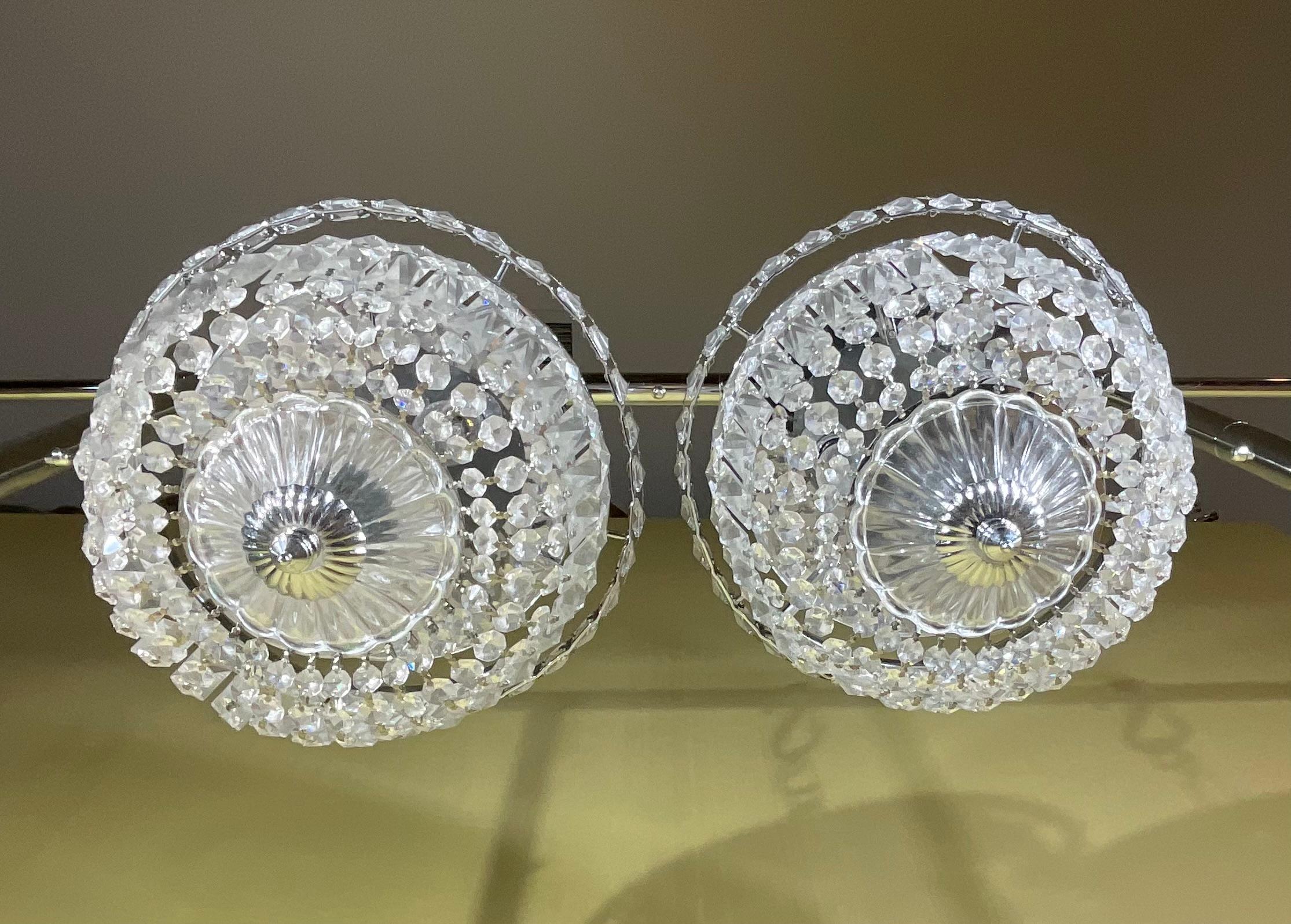 Contemporary Pair Of 1940's Hollywood Style Crystal Drop-Down Flush Mount Chandelier For Sale