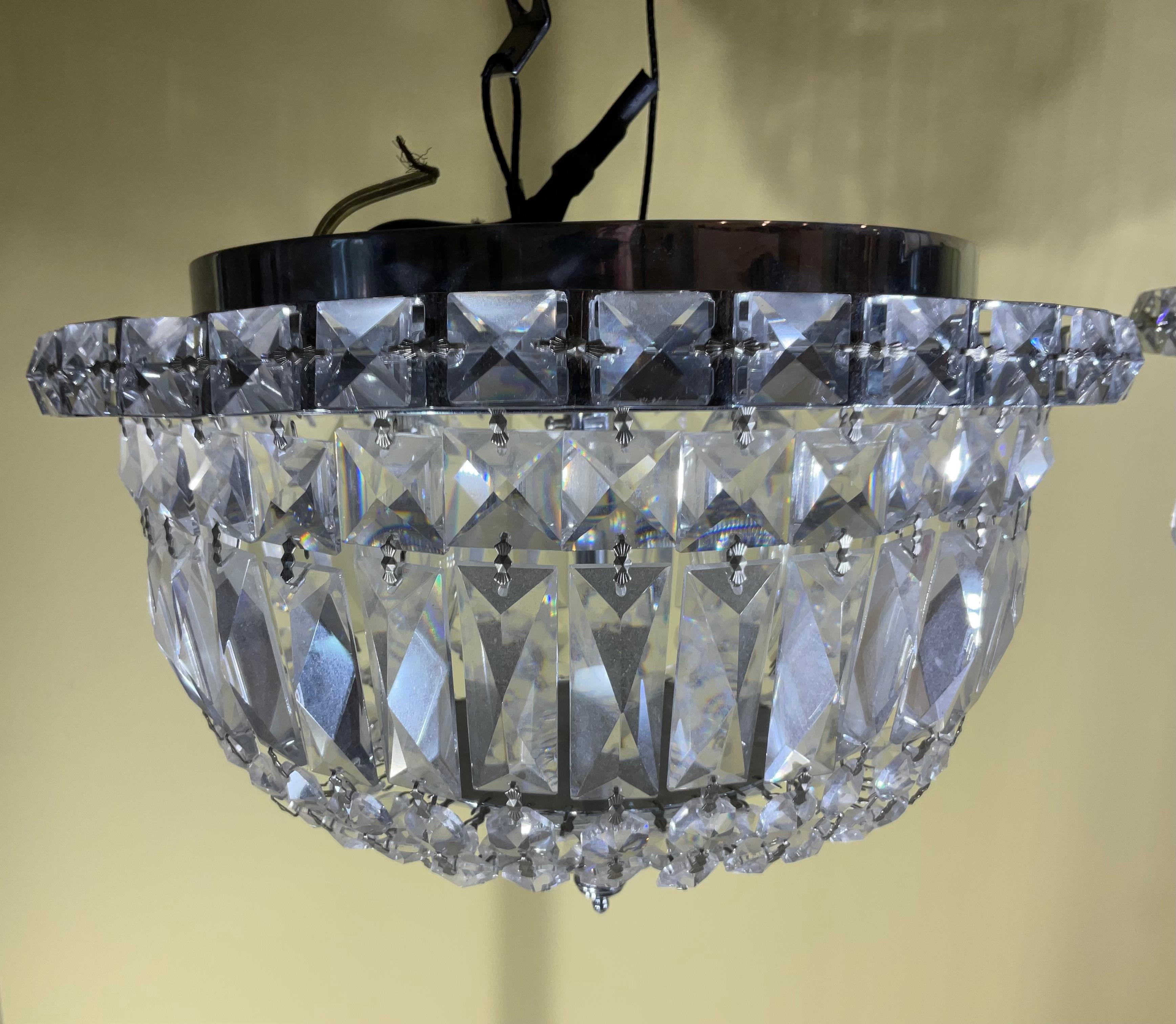 Pair Of 1940's Hollywood Style Crystal Drop-Down Flush Mount Chandelier For Sale 1