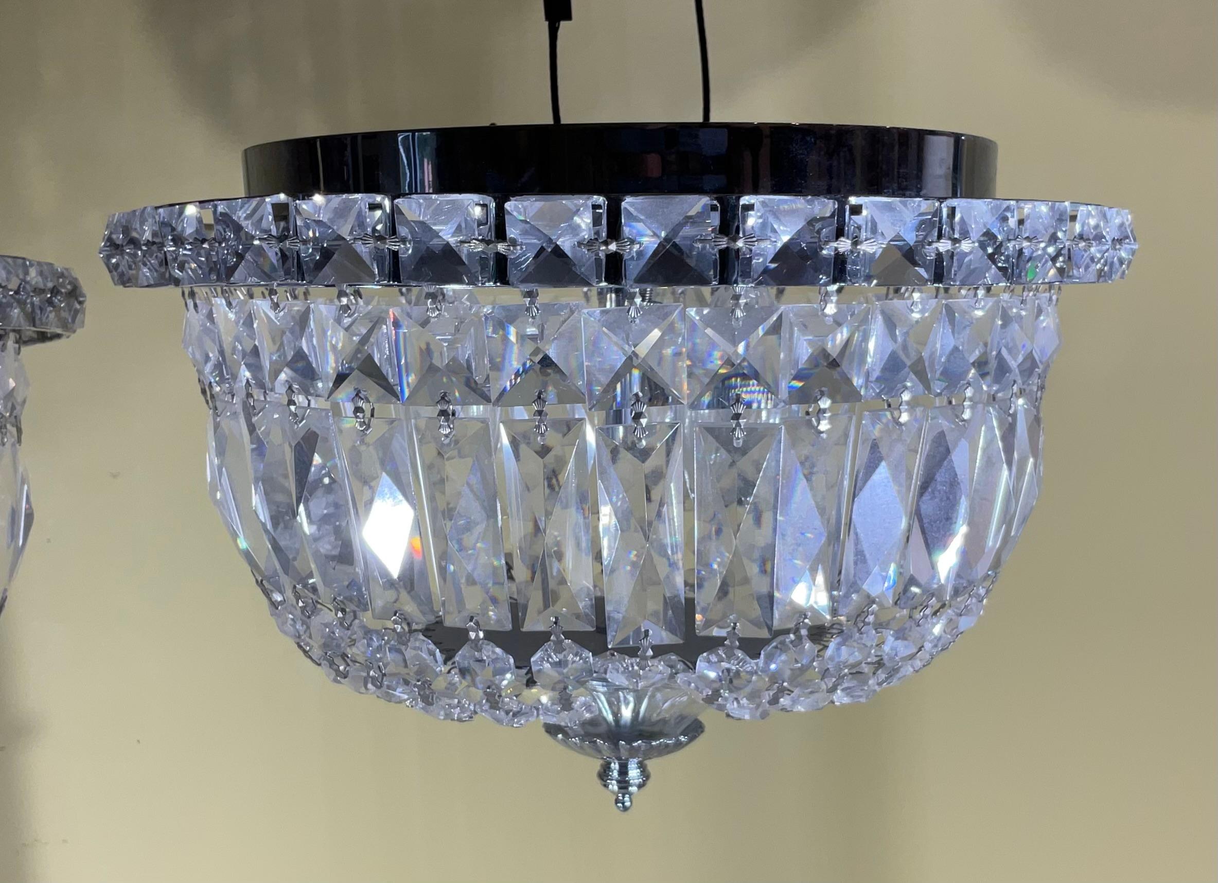 Pair Of 1940's Hollywood Style Crystal Drop-Down Flush Mount Chandelier For Sale 2
