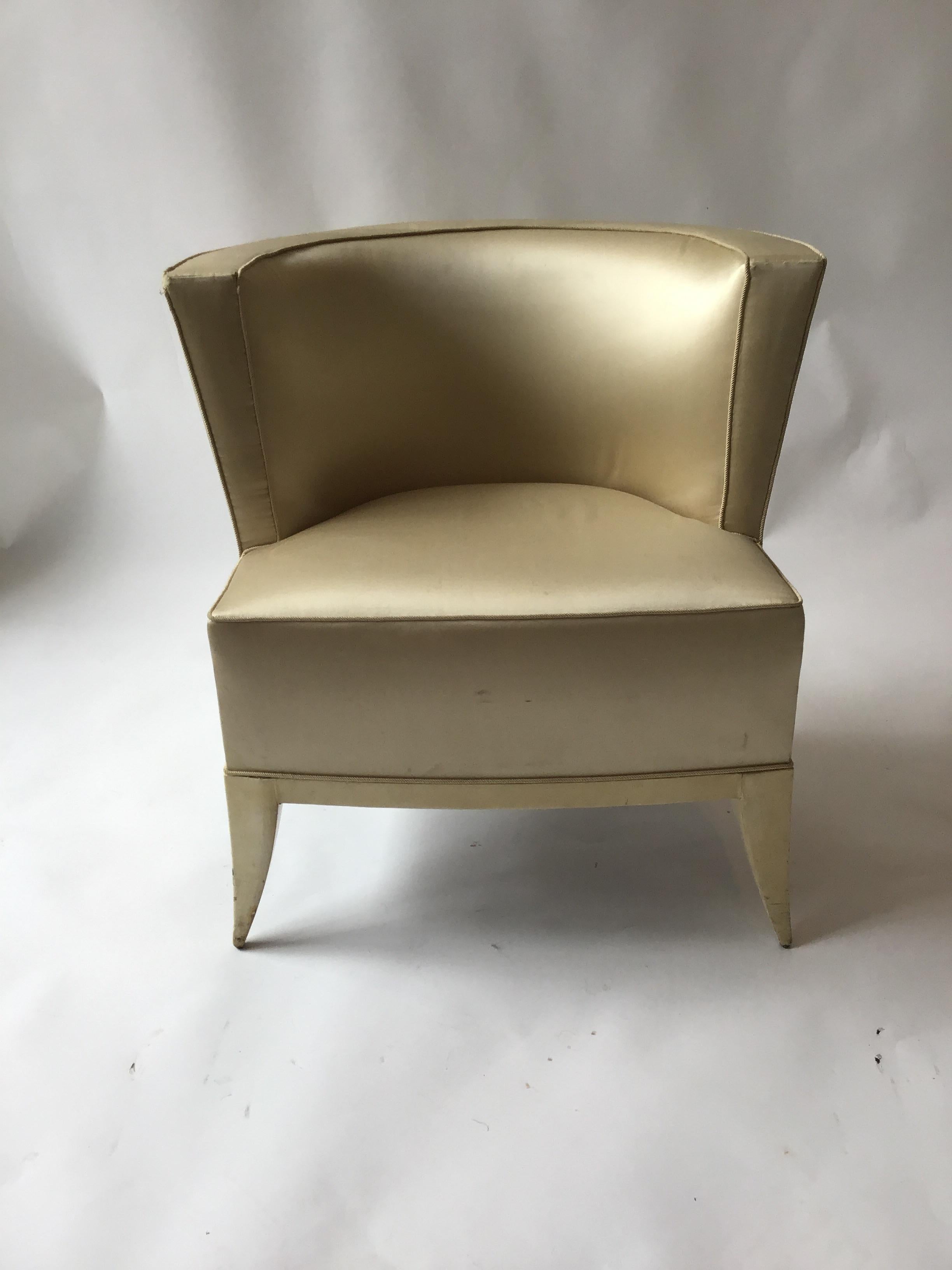 Pair of 1940s Hollywood Regency tub chairs. Very chic. These chairs need reupholstering.