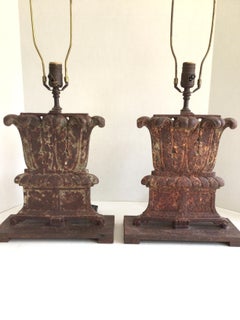 Pair of 1940s Iron Table Lamps of Pillar Column Bases