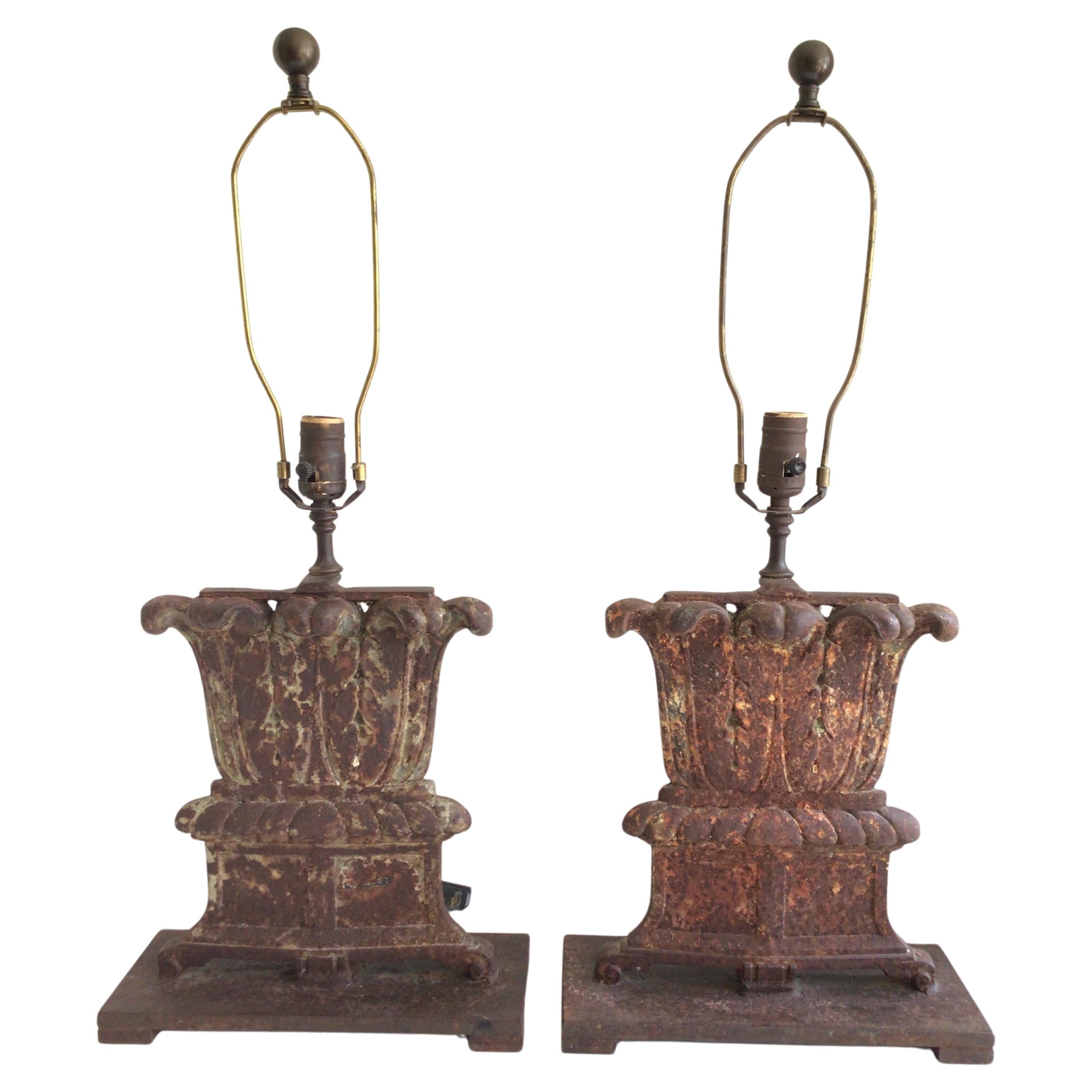 Pair of 1940s Iron Table Lamps of Pillar Column Bases