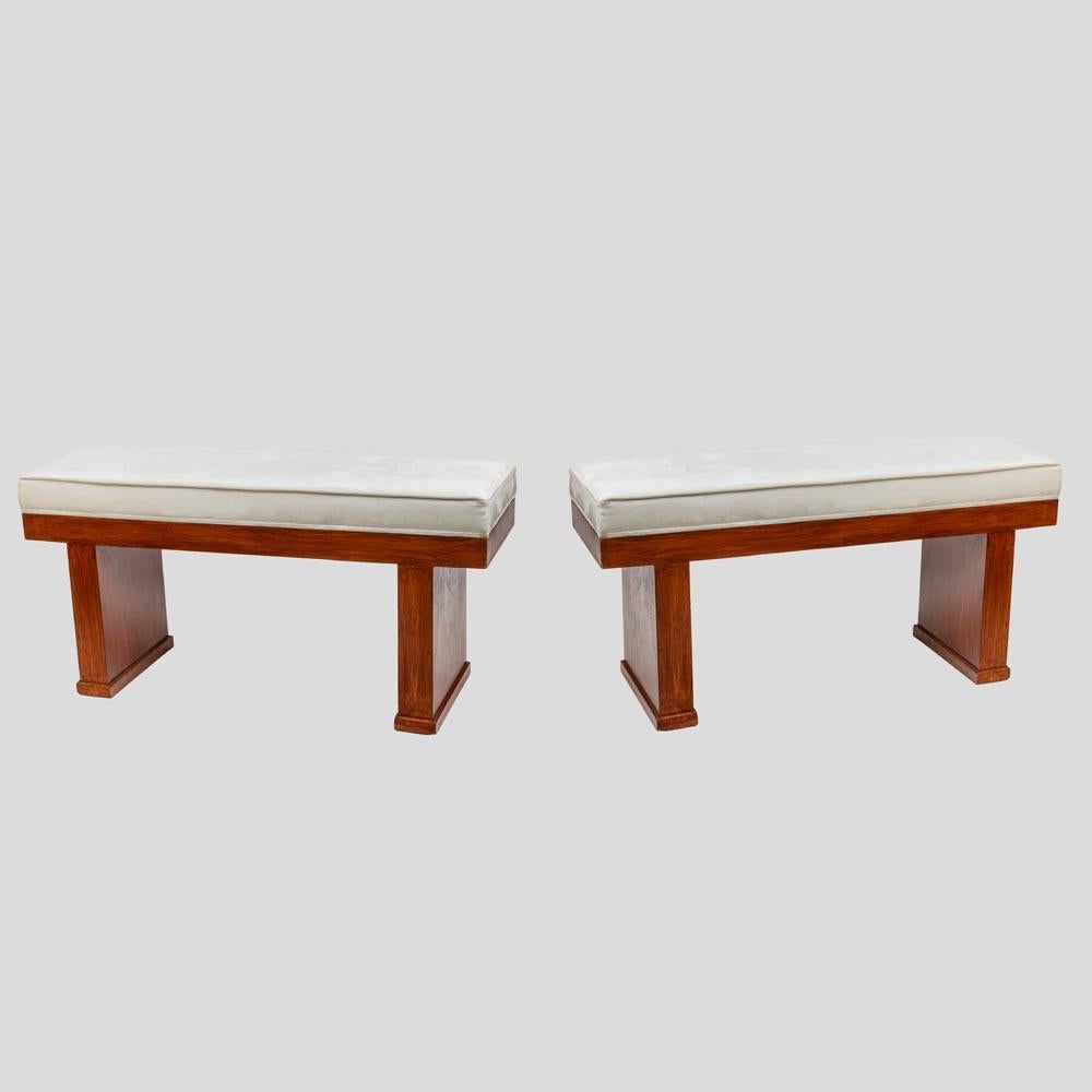 Fabric Pair of 1940s Italian Design Wooden Benches Cream White Upholstery Seat