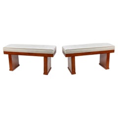 Pair of 1940s Italian Design Wooden Benches Cream White Upholstery Seat