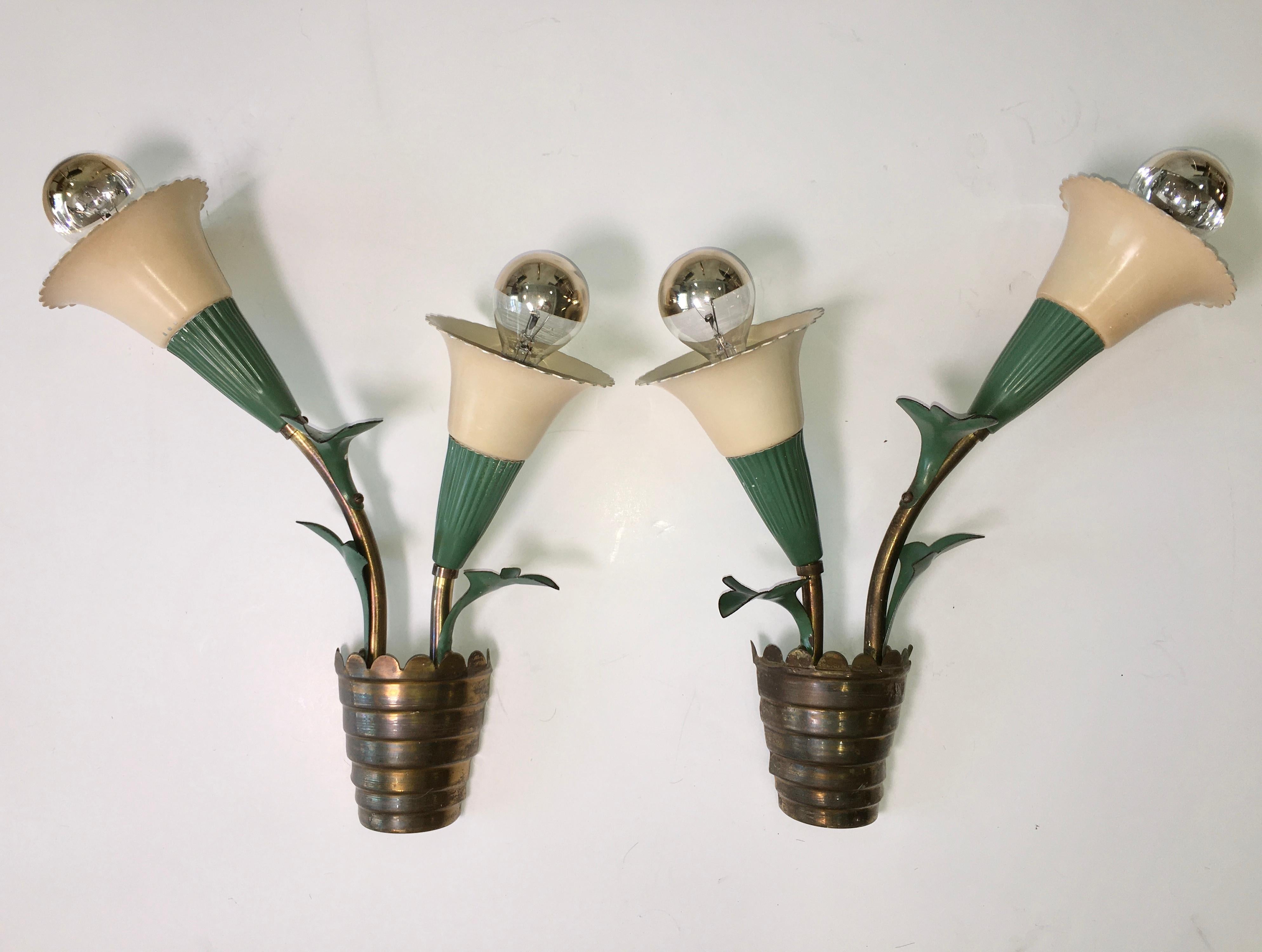 Pair of 1940s Italian double light wall sconces in the form of potted flowers (lilies?). Most unusual. Bench made in an artisanal lighting workshop. Sheet brass ziggurat stepped tapered pots with scalloped edges. Brass tubing surmounted by enameled