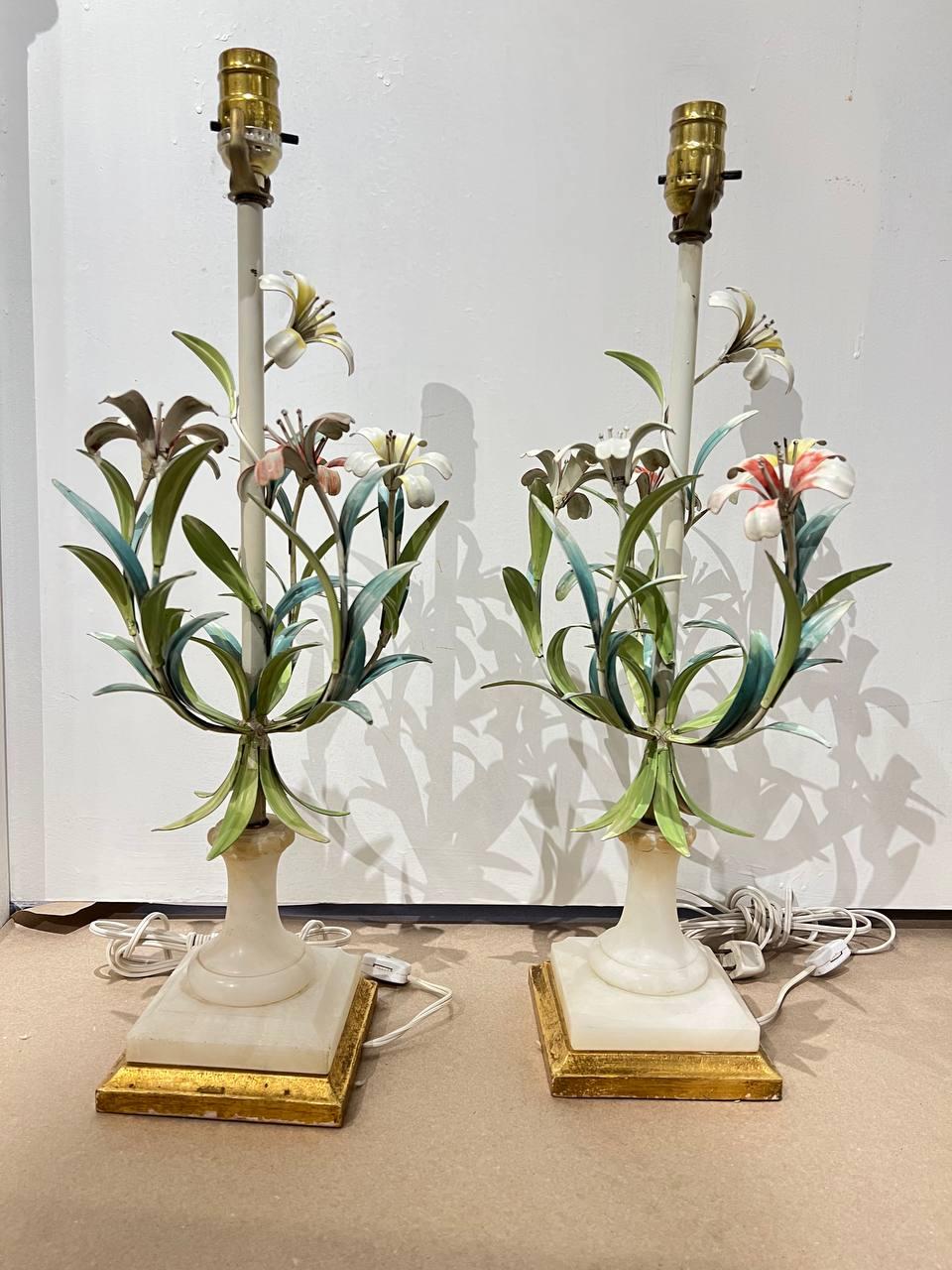 A circa 1940's pair of Italian table lamps with alabaster base and hand painted metal flowers