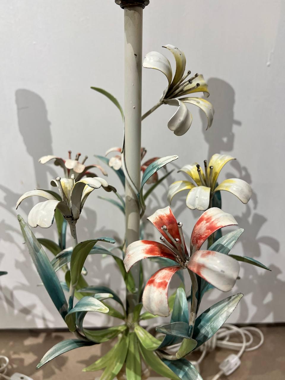 Pair of 1940's Italian Hand Painted Flowers Table Lamps with Alabaster Base In Good Condition For Sale In New York, NY