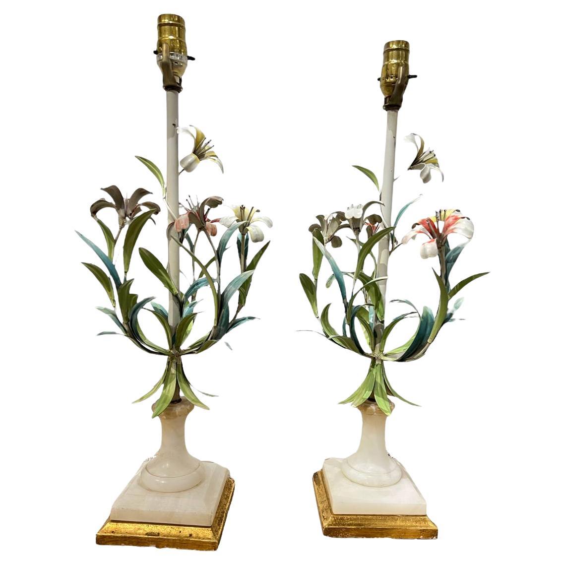 Pair of 1940's Italian Hand Painted Flowers Table Lamps with Alabaster Base For Sale