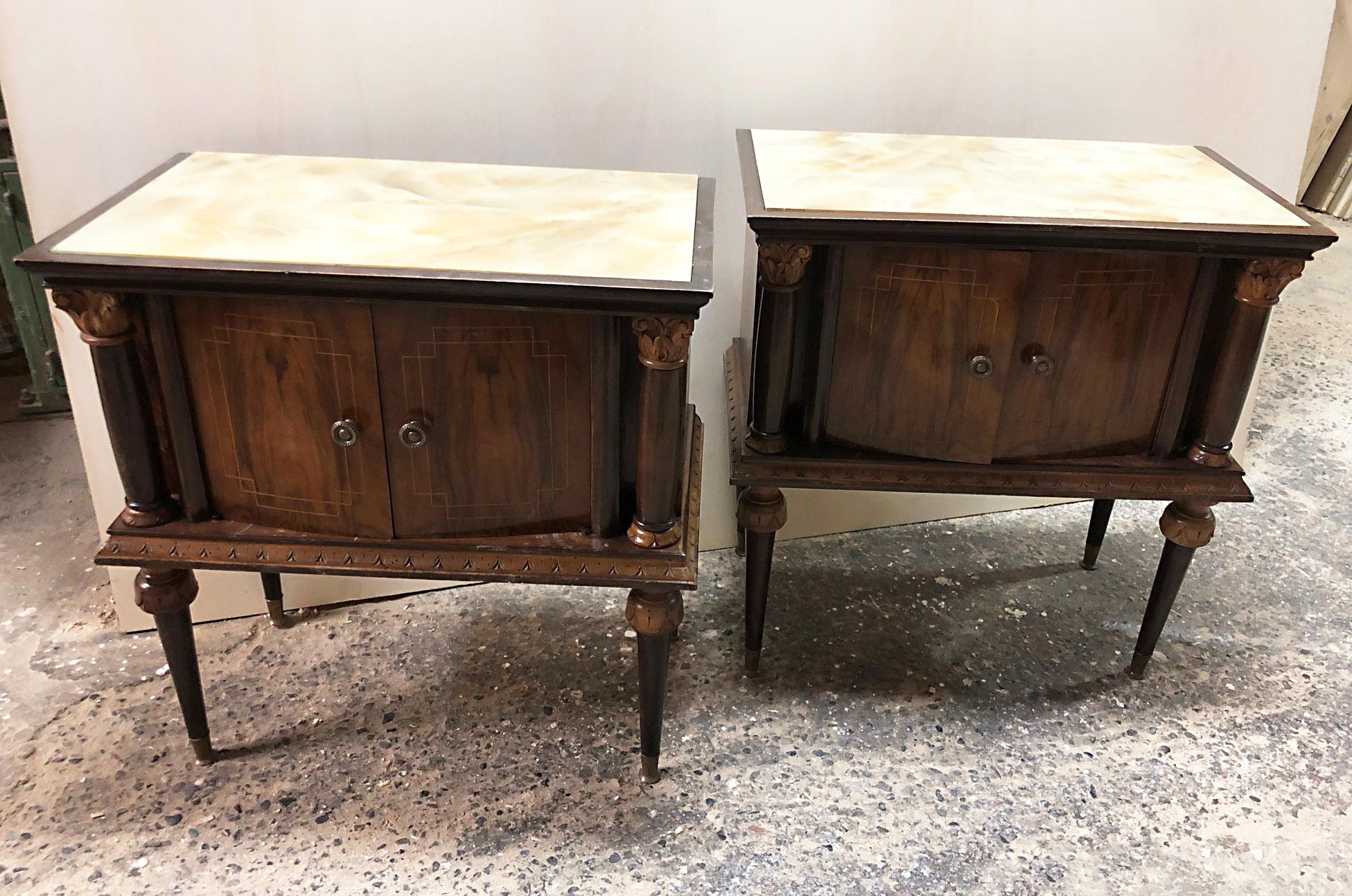 Country Pair of 1940s Italian Nightstands in Natural Walnut with Glass Top Marbled