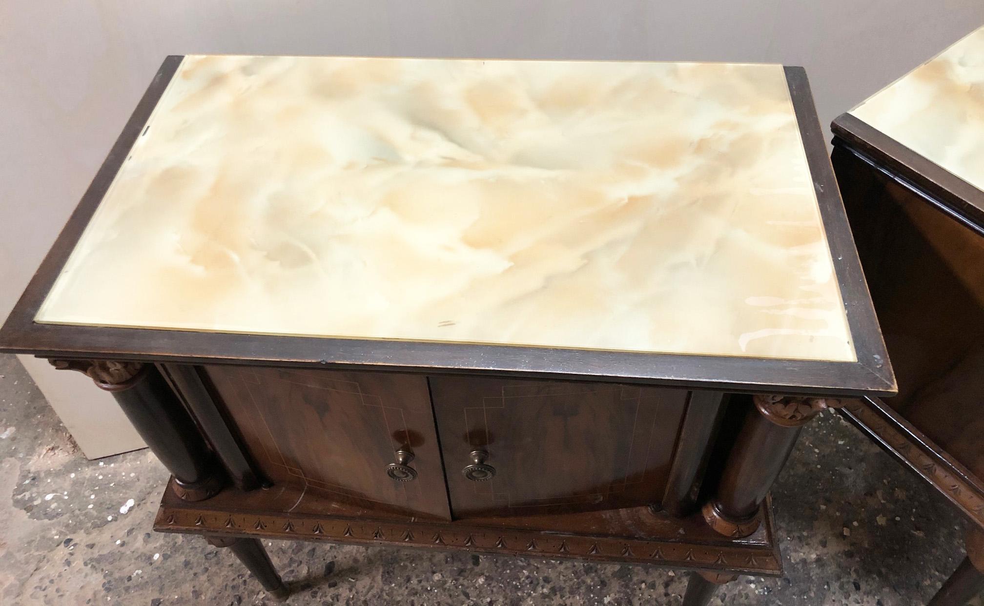 Pair of 1940s Italian Nightstands in Natural Walnut with Glass Top Marbled 1