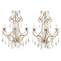 Pair of 1940s Italian Smokey Blue Grey Crystal Gilt Wall Sconces