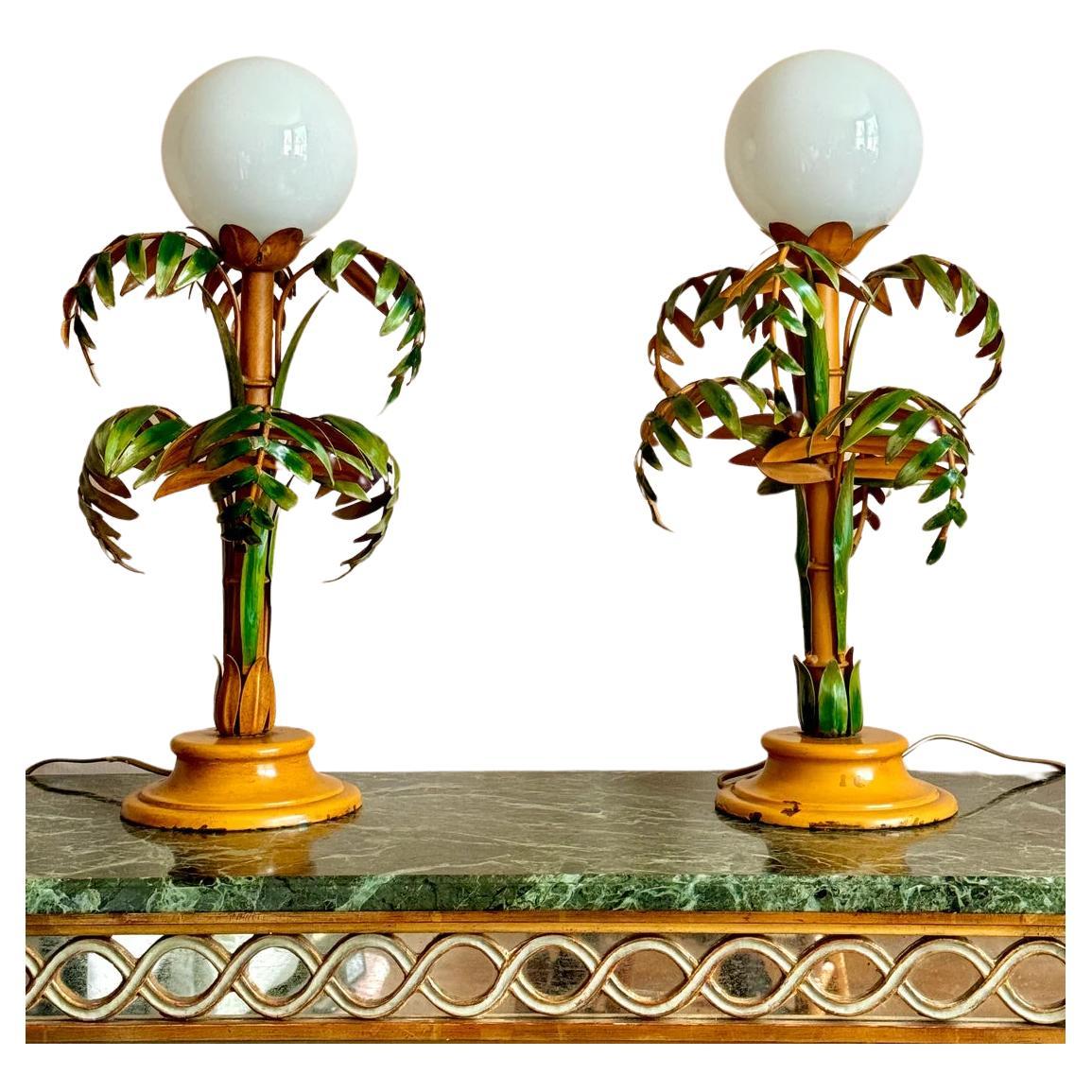 Paire de lampes de table en bambou tolé italien des années 1940