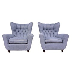 Pair of 1940s Italian Wing Armchairs Light Blue Tufted Back by Paolo Buffa