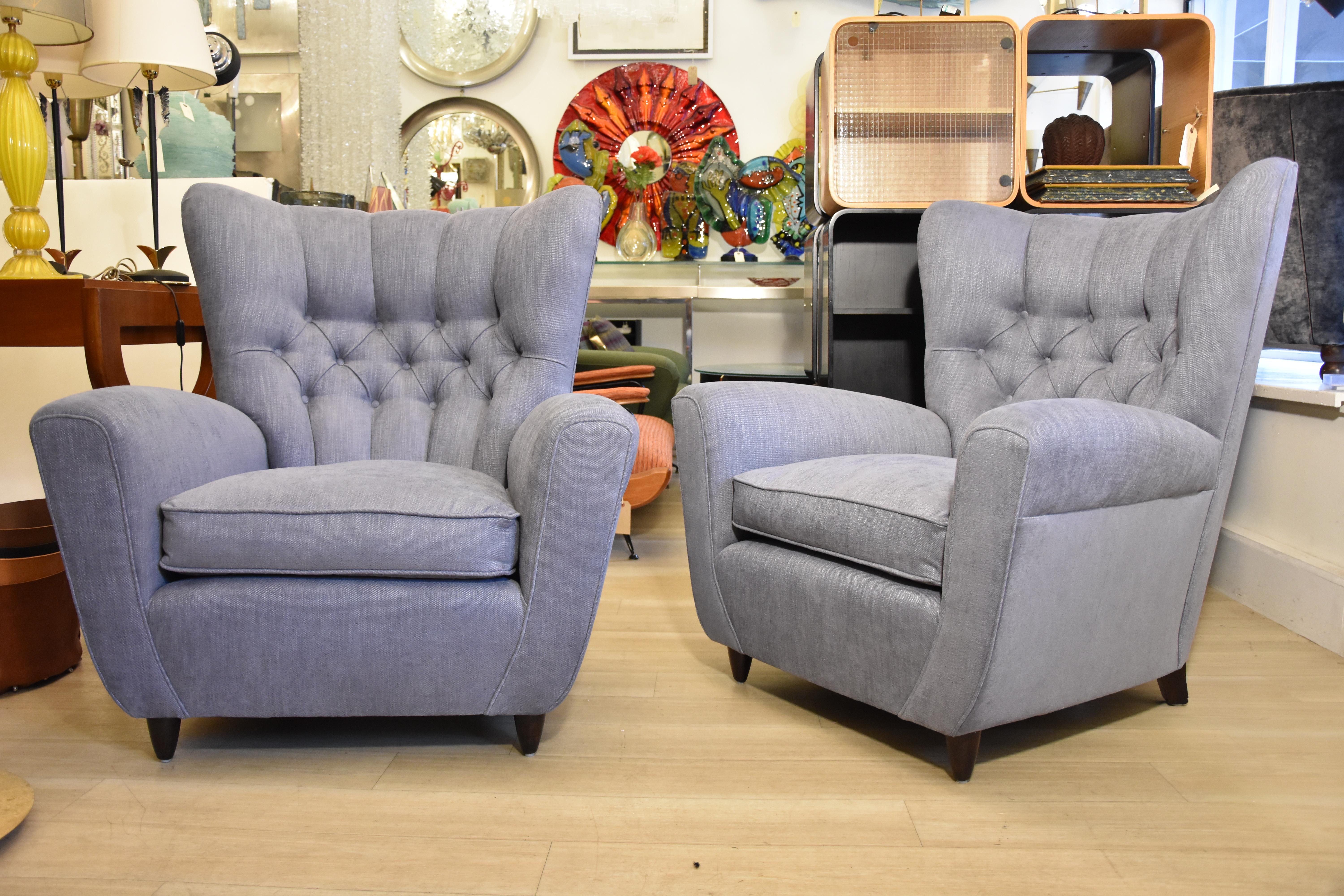Fabric Pair of 1940s Italian Wing Armchairs Light Blue Tufted Back by Paolo Buffa For Sale