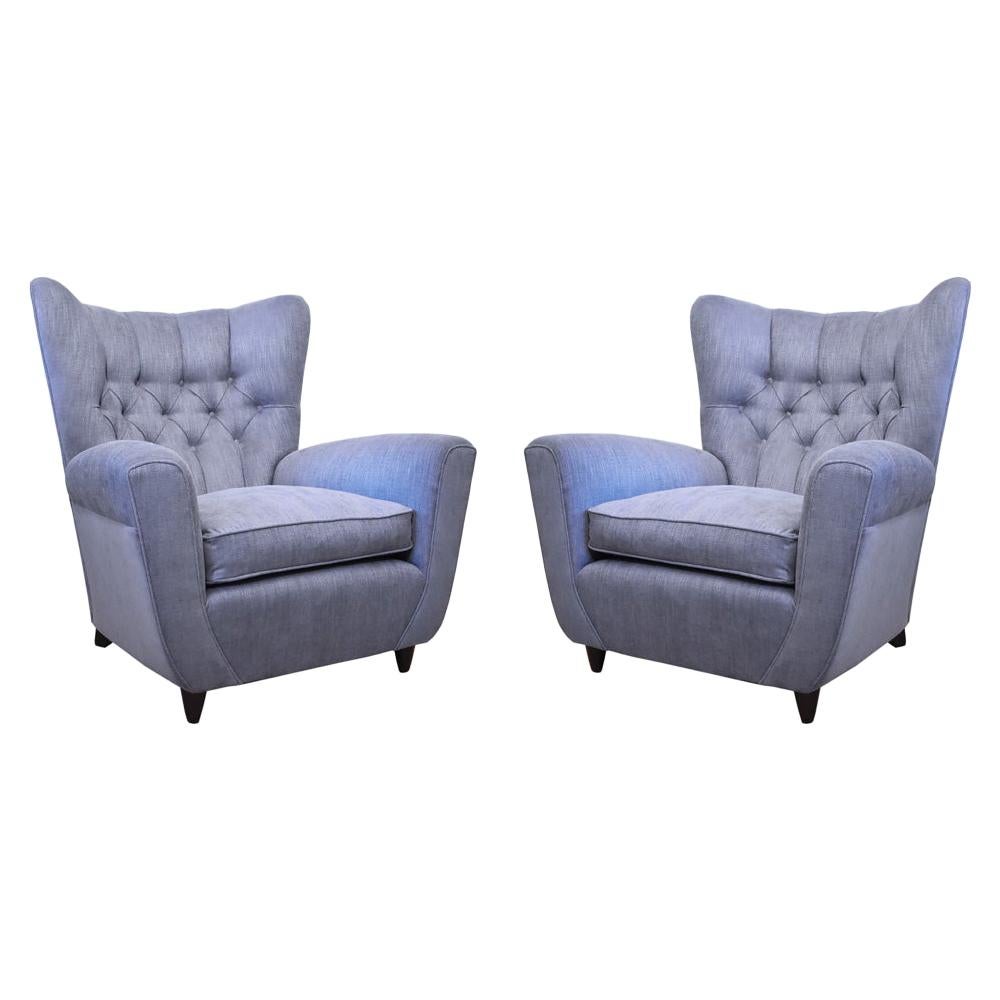 Pair of 1940s Italian Wing Armchairs Light Blue Tufted Back by Paolo Buffa