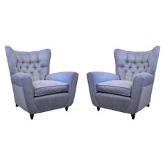 Pair of 1940s Italian Wing Armchairs Light Blue Tufted Back by Paolo Buffa