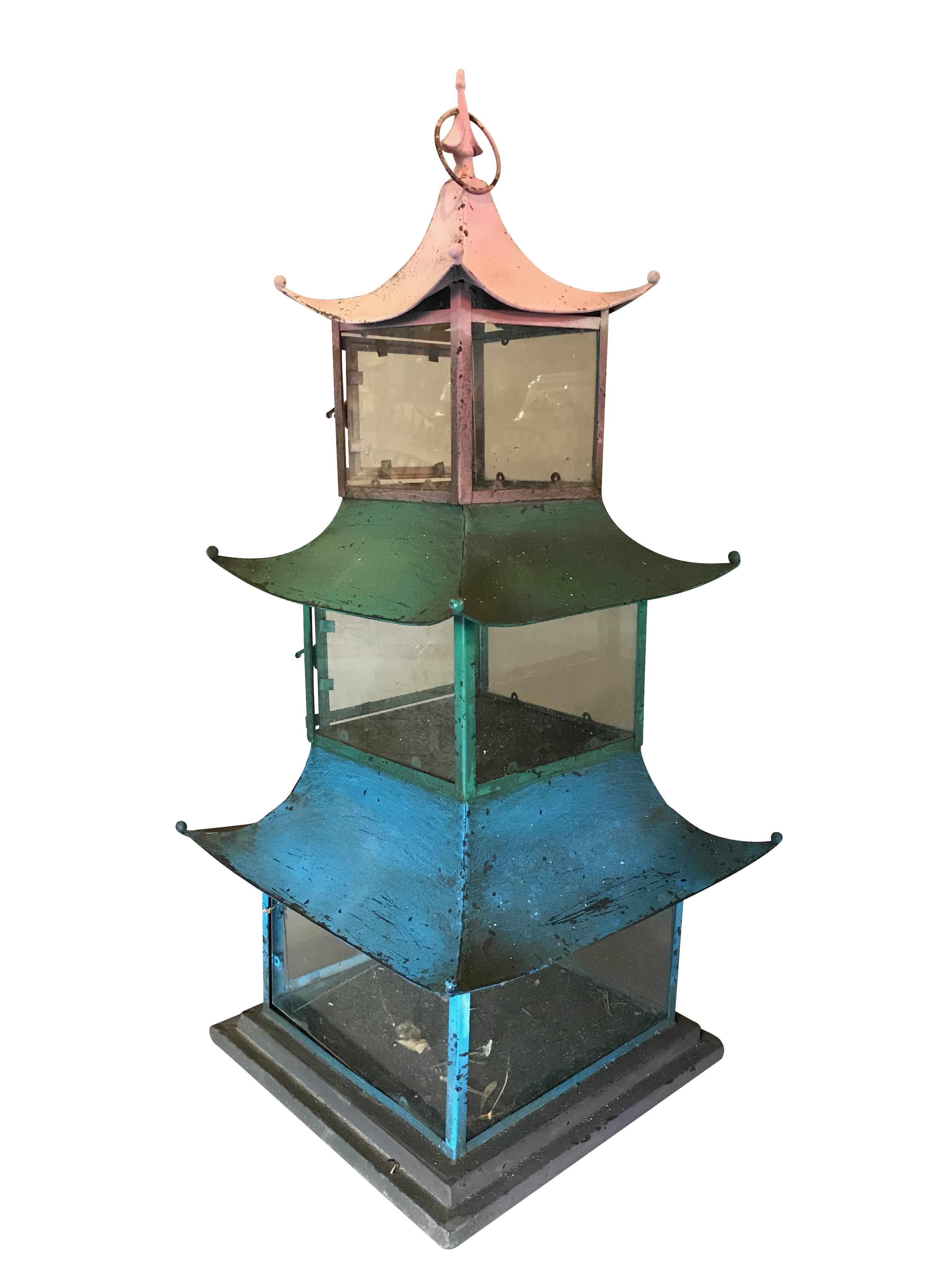 Anglo-Japanese Pair of 1940s Japanese Painted Pagoda/Lanterns