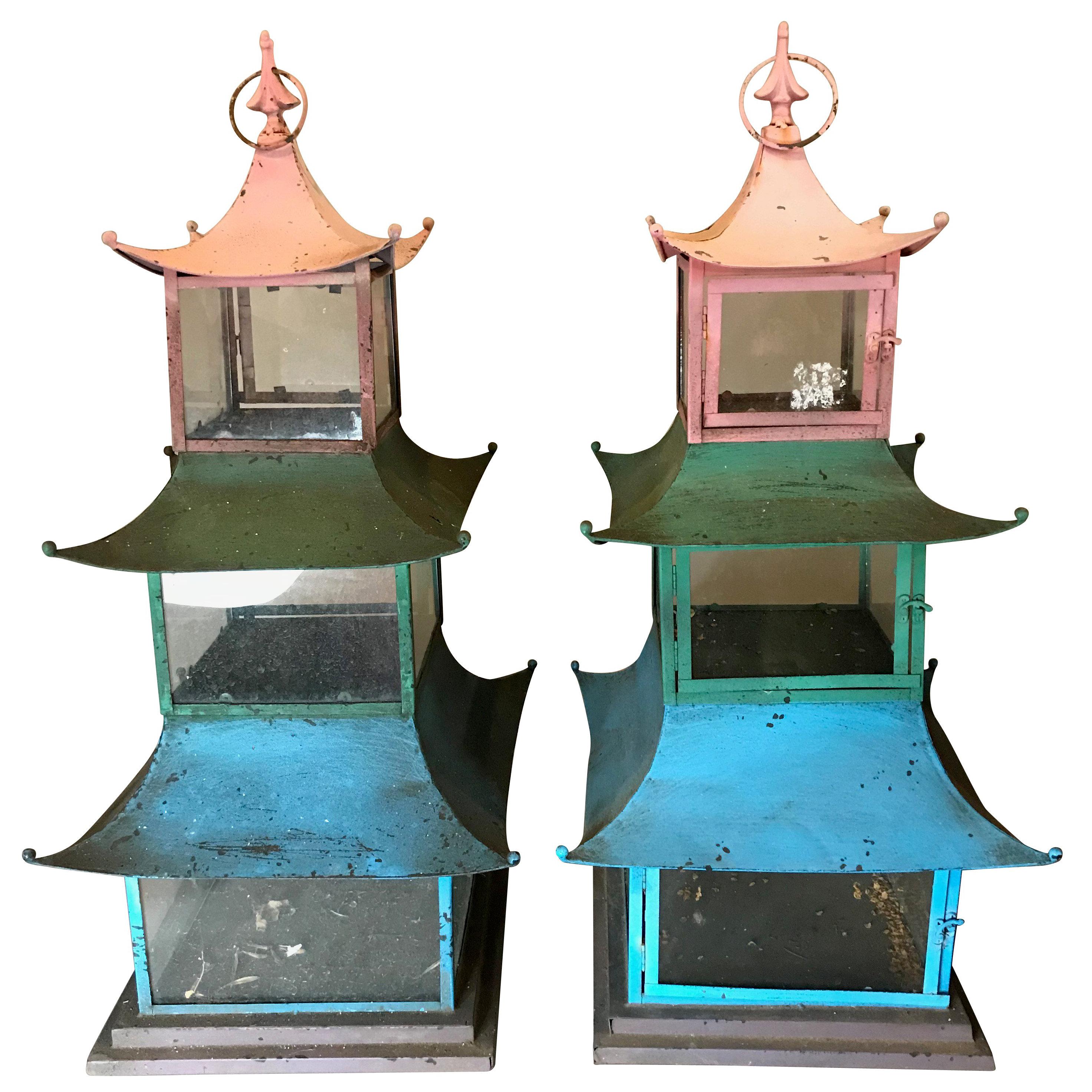 Pair of 1940s Japanese Painted Pagoda/Lanterns