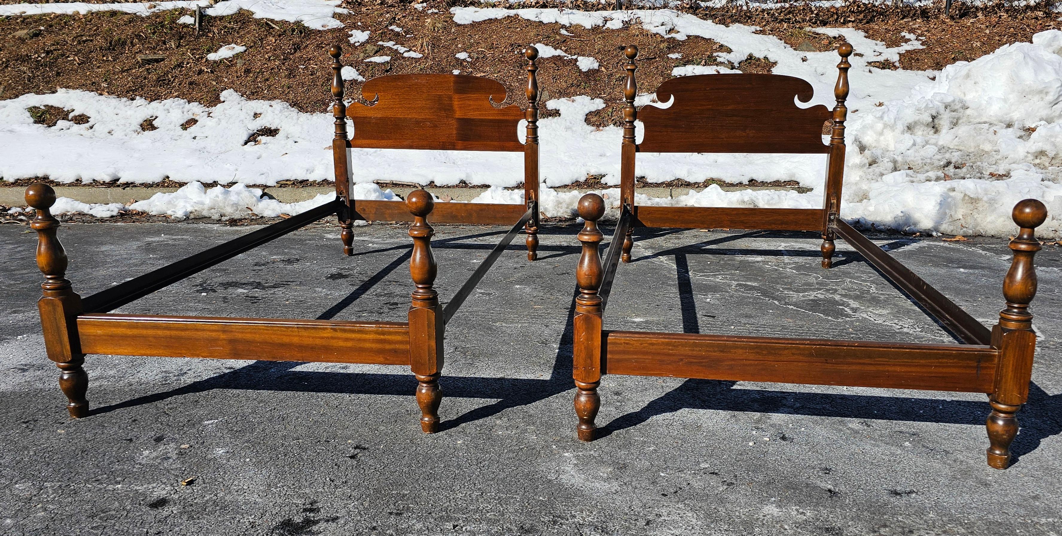 Stained Pair of 1940s Kindel Semi Post Twin Size Bed Frames