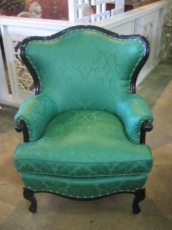 New ebony lacquer finish on vintage armchairs. Beautifully reupholstered in gorgeous green Scalamandre damask fabric. Brass nail head trim.