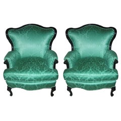 Vintage Pair of 1940s Lacquered Armchairs in Green Scalamandre Damask