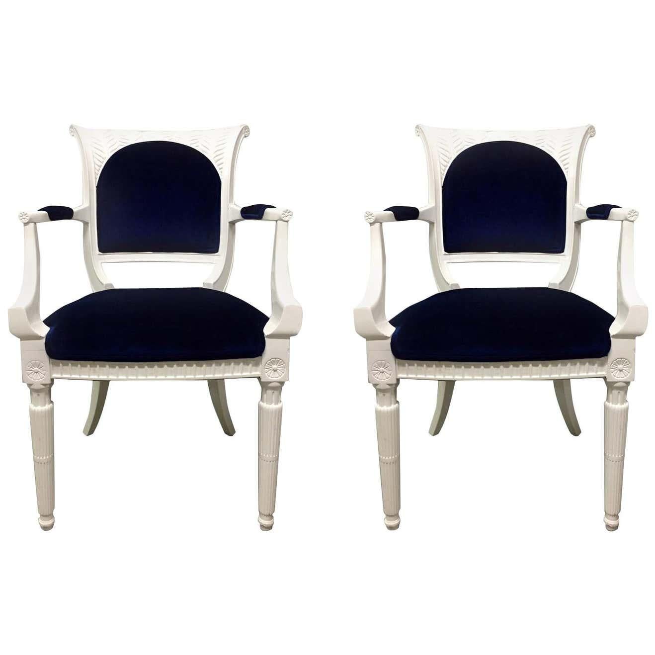 Pair of 1940s Lacquered Regency Style Armchairs in Blue Mohair
