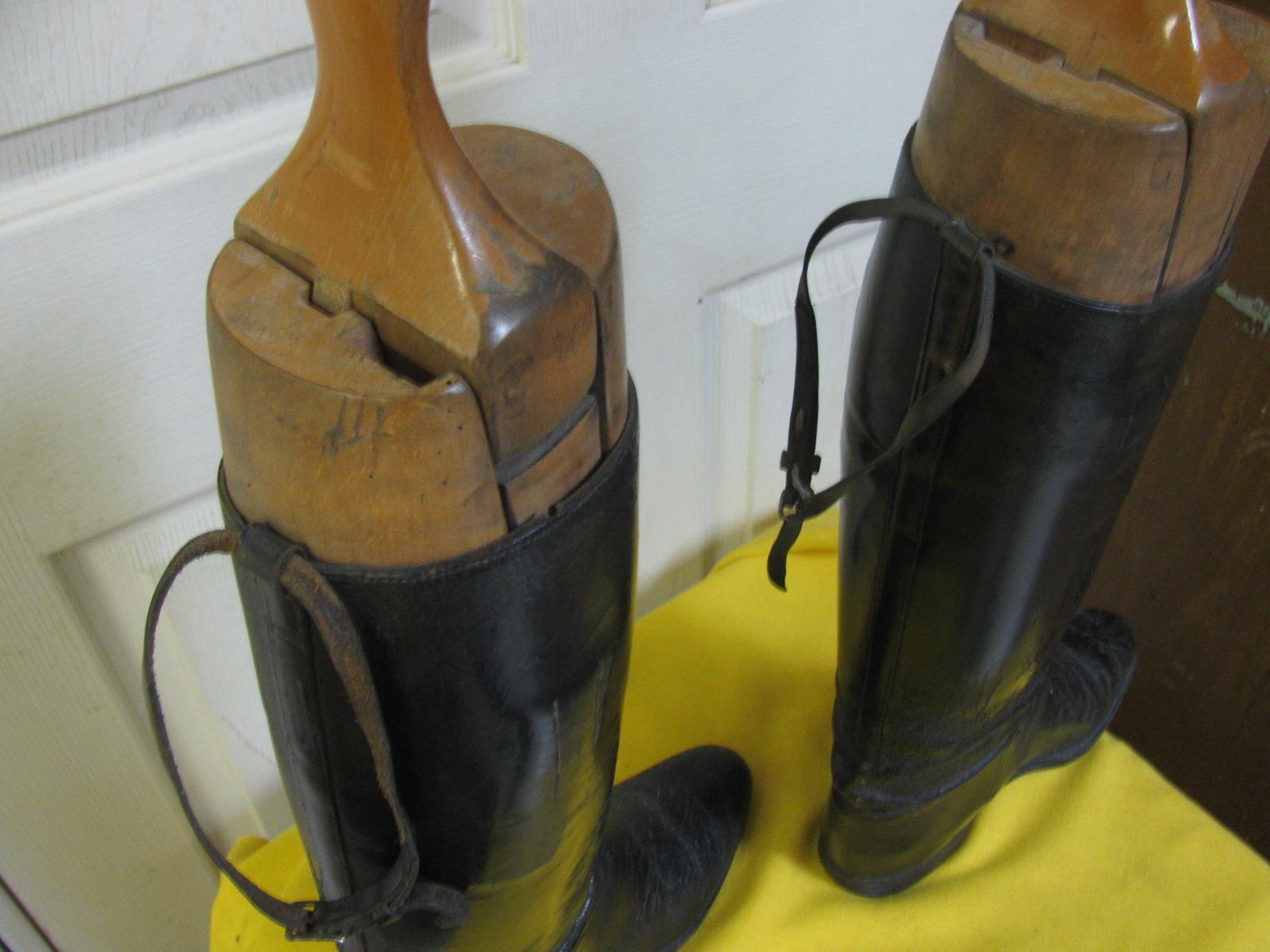 Leather Pair of 1940s Mid Century Ladies Riding Boots with Wooden Stretchers For Sale