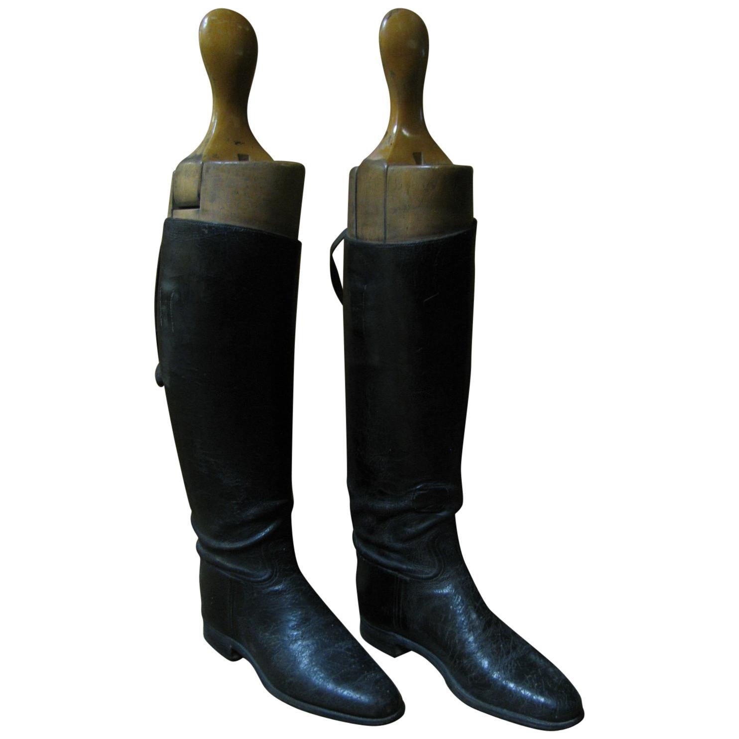 British Colonial Pair of 1940s Mid Century Ladies Riding Boots with Wooden Stretchers For Sale