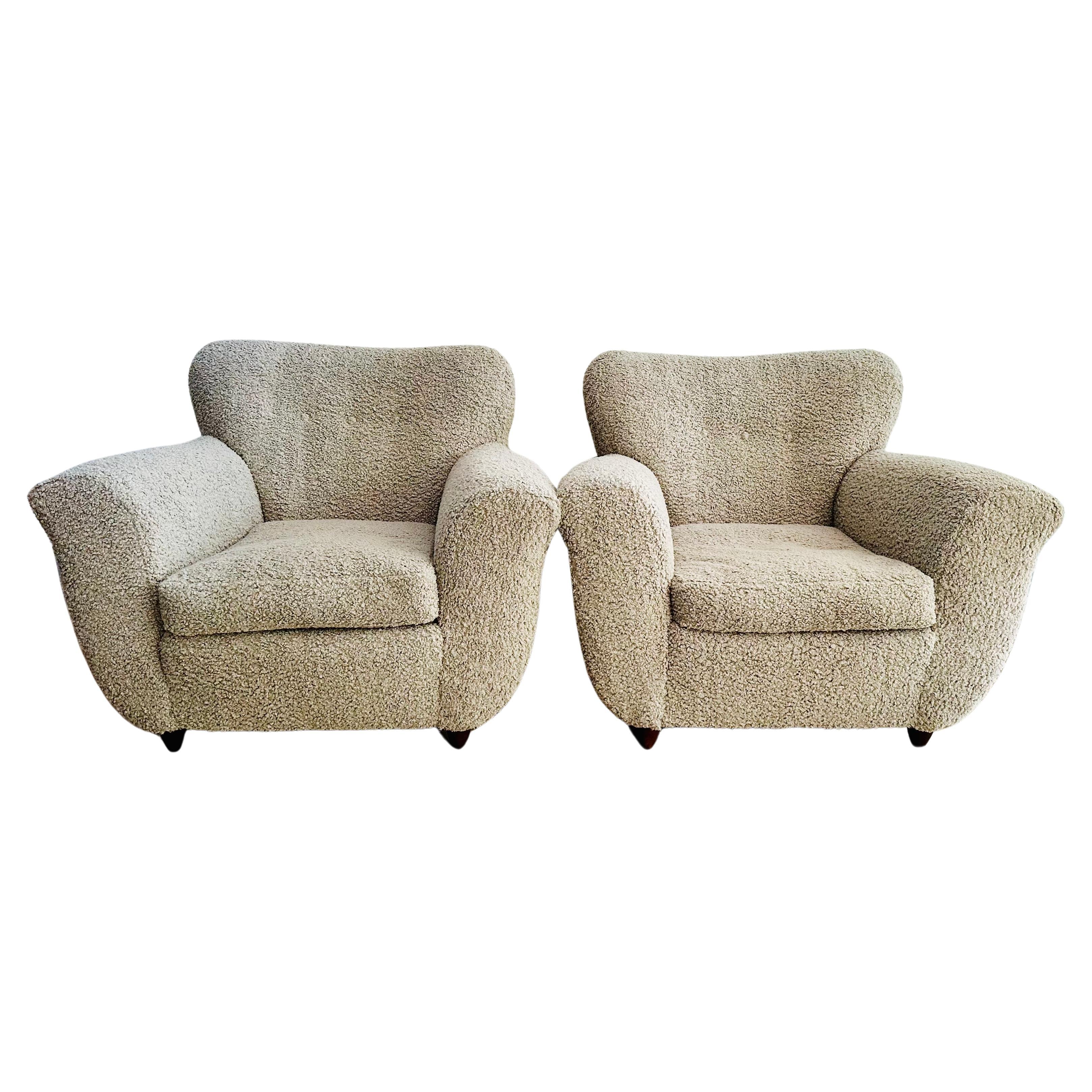 Pair of 1940s Large Italian Newly Upholstered Silver Grey Bouclé Armchairs