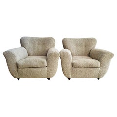 Vintage Pair of 1940s Large Italian Newly Upholstered Silver Grey Bouclé Armchairs