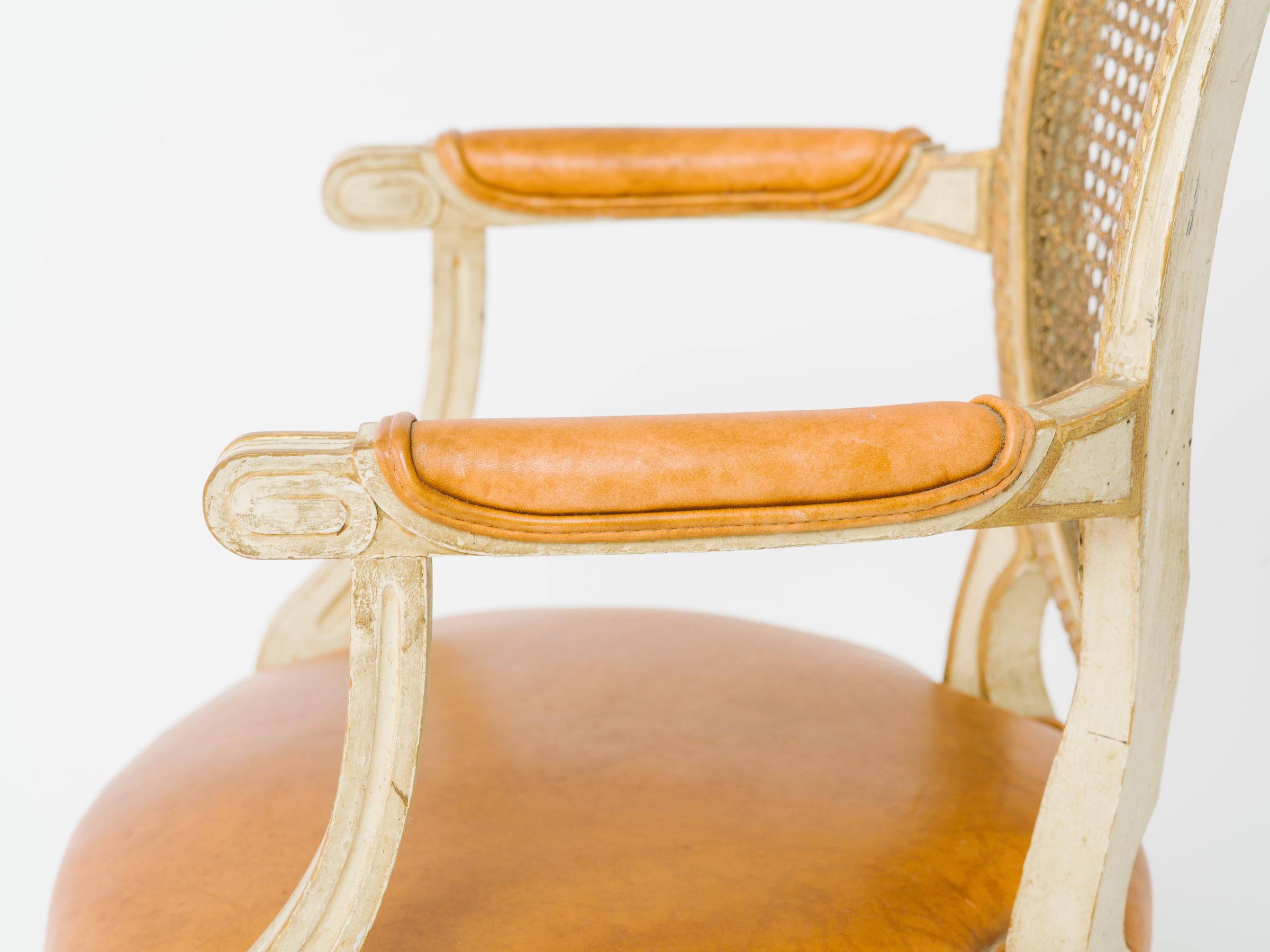 Mid-20th Century Pair of 1940s Louis XVI Canedback Armchairs with Leather Seats