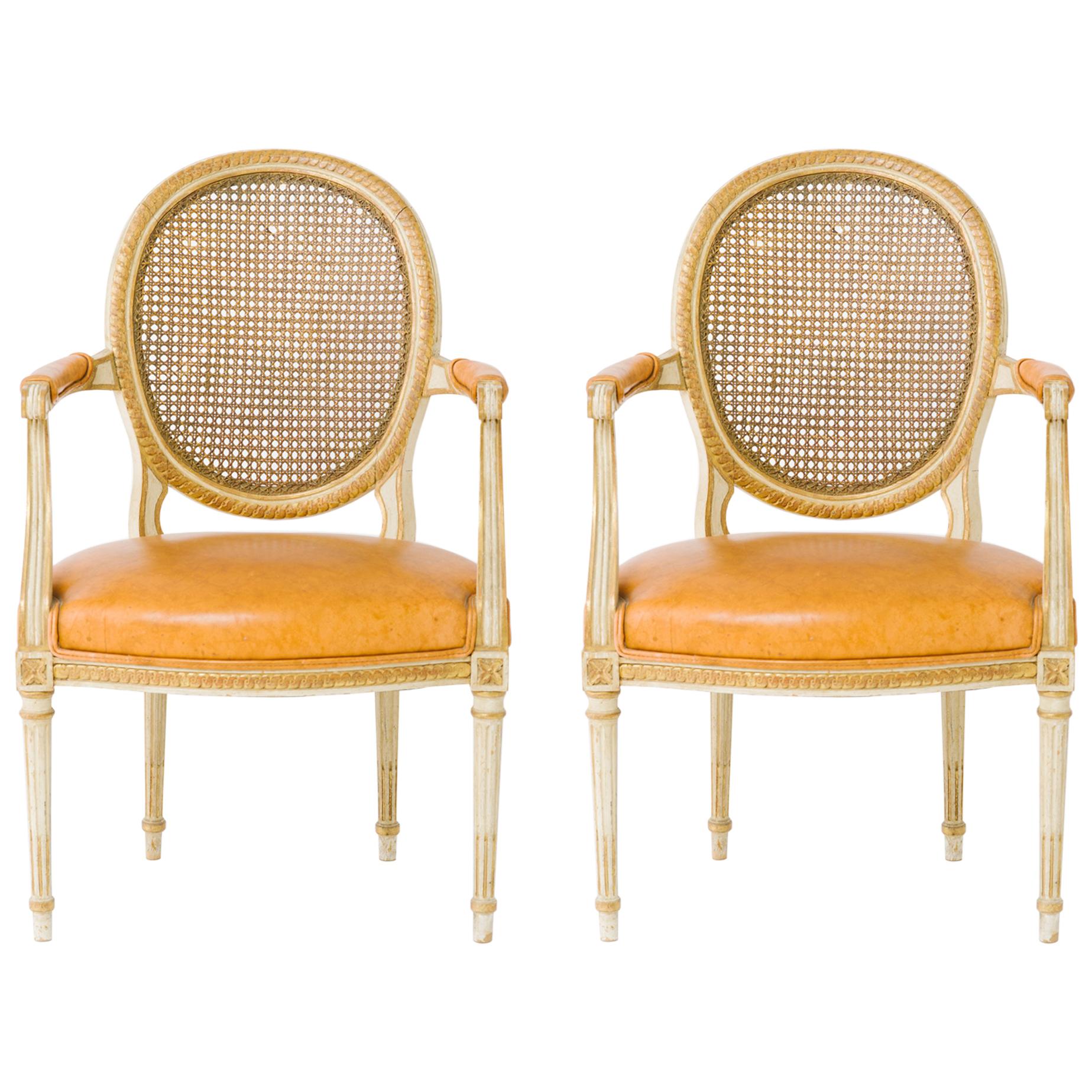 Pair of 1940s Louis XVI Canedback Armchairs with Leather Seats