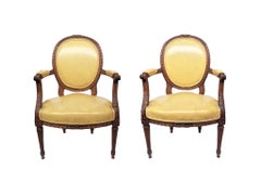 Pair of 1940s Louis XVI-Style Yellow Leather Armchairs
