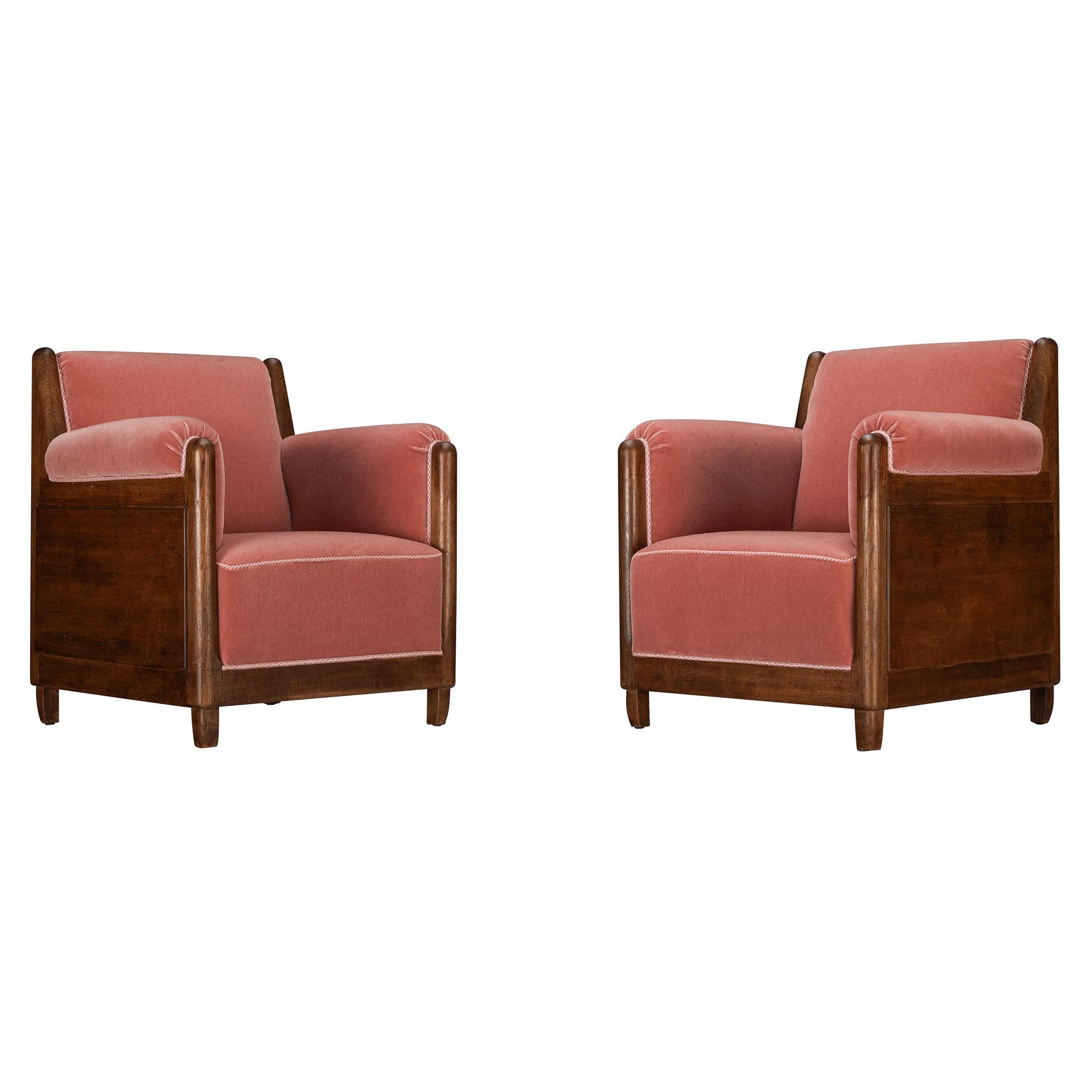 Pair of 1940s Lounge Chairs in Solid Oak and Dusty Pink Mohair
