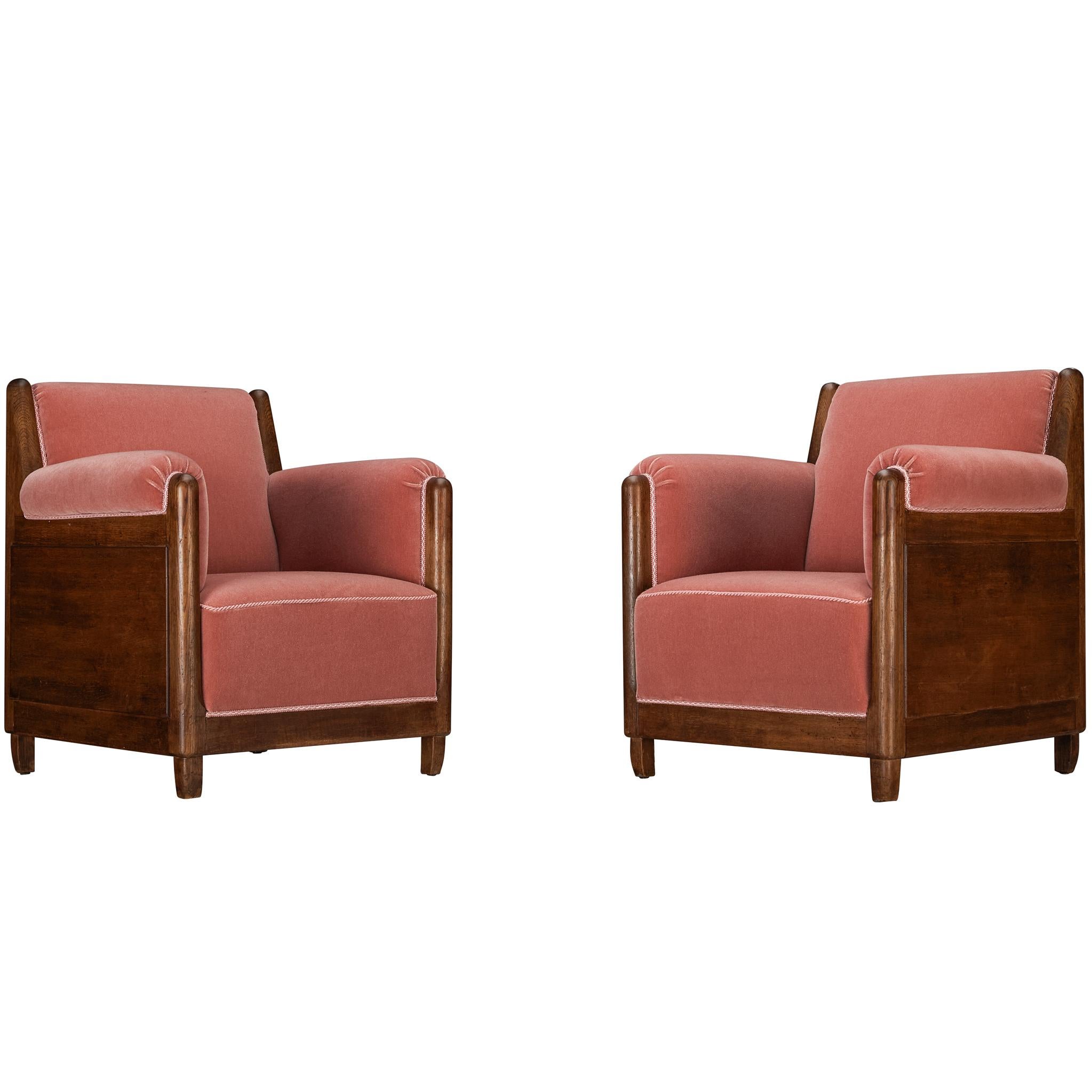 Pair of 1940s Lounge Chairs in Solid Oak and Newly Upholstered Dusty Pink Mohair