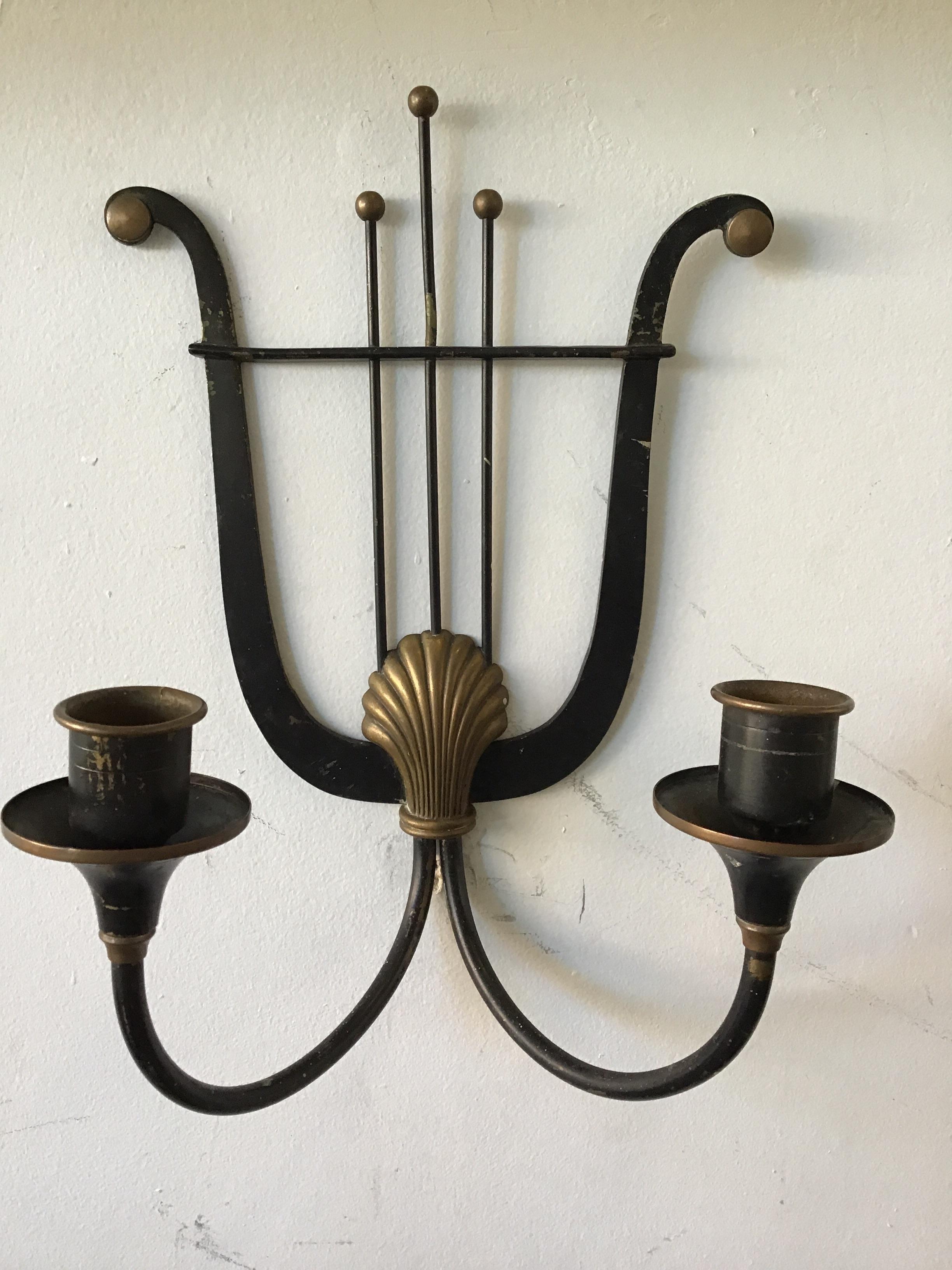 Pair of 1940s Lyre Sconces In Good Condition In Tarrytown, NY