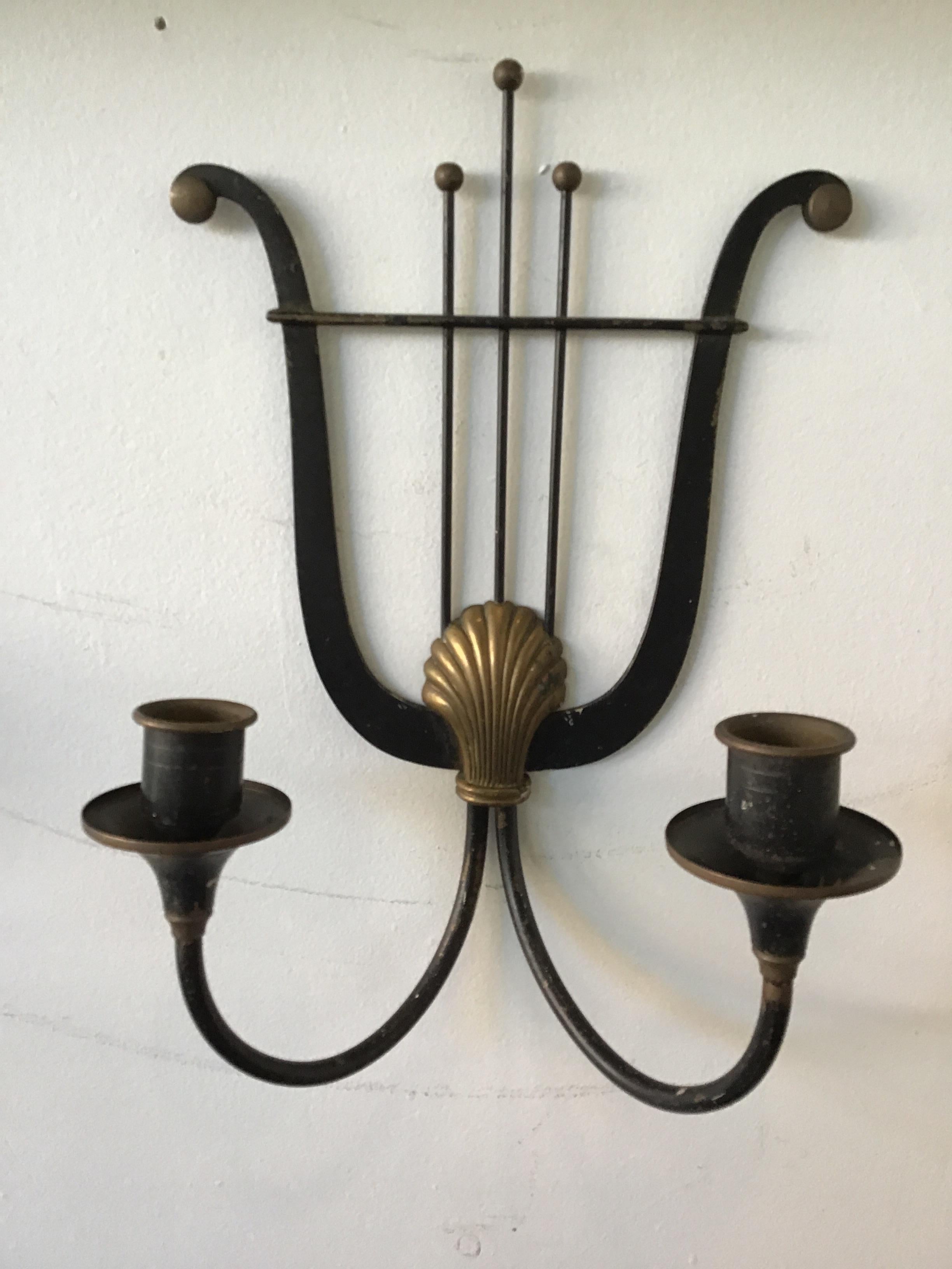 Mid-20th Century Pair of 1940s Lyre Sconces