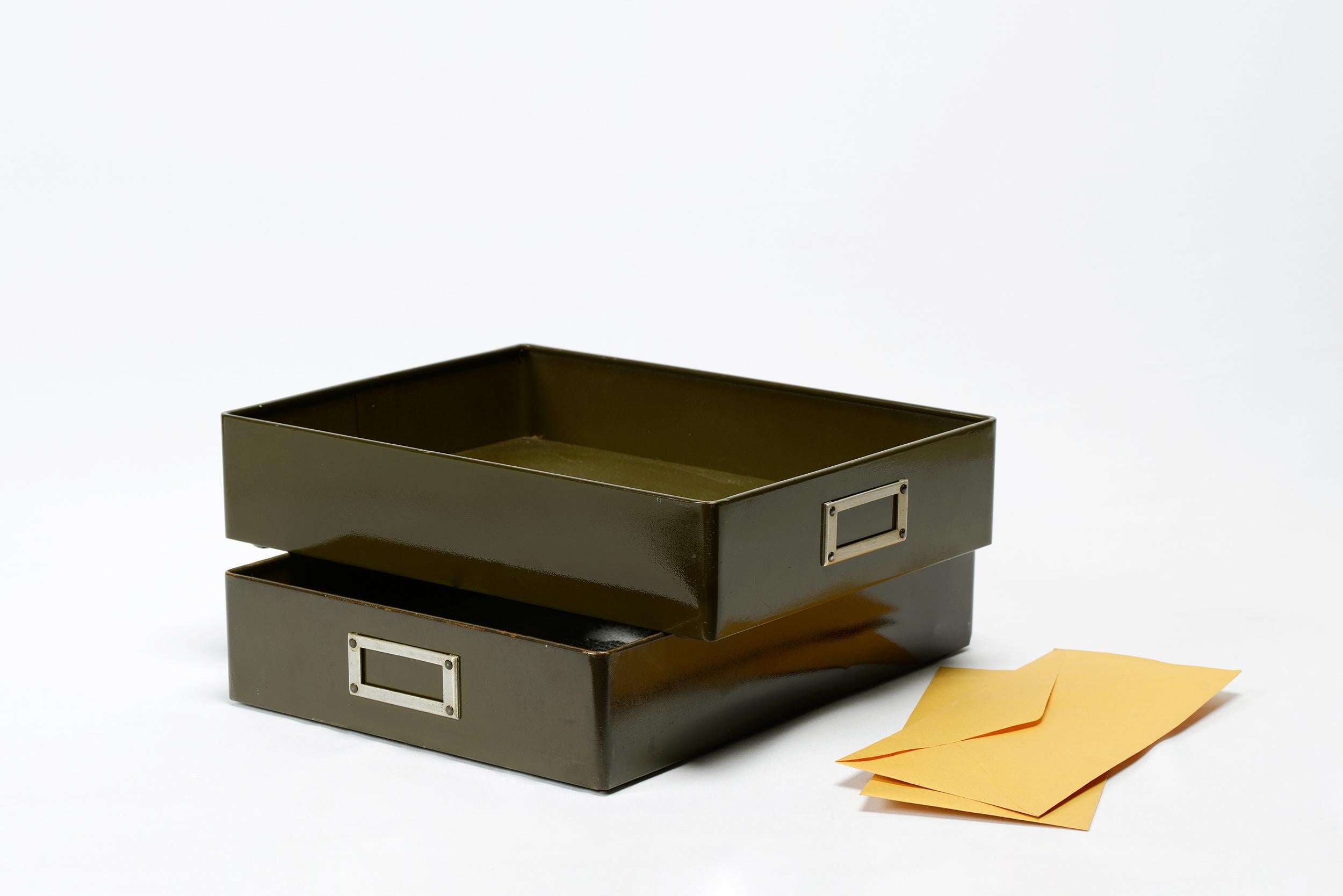 1940s steel drawer insert repurposed as a desktop organizer. Ideal for sorting mail and memos. Stack 'em or use 'em side by side. We're selling each in 