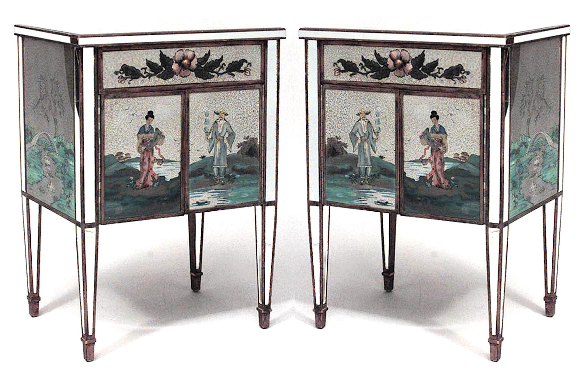 Pair of Italian Mid-Century (1940s) mirrored bedside commodes with floral decorated drawer above two doors decorated with Chinoiserie figures. (PRICED AS Pair)
